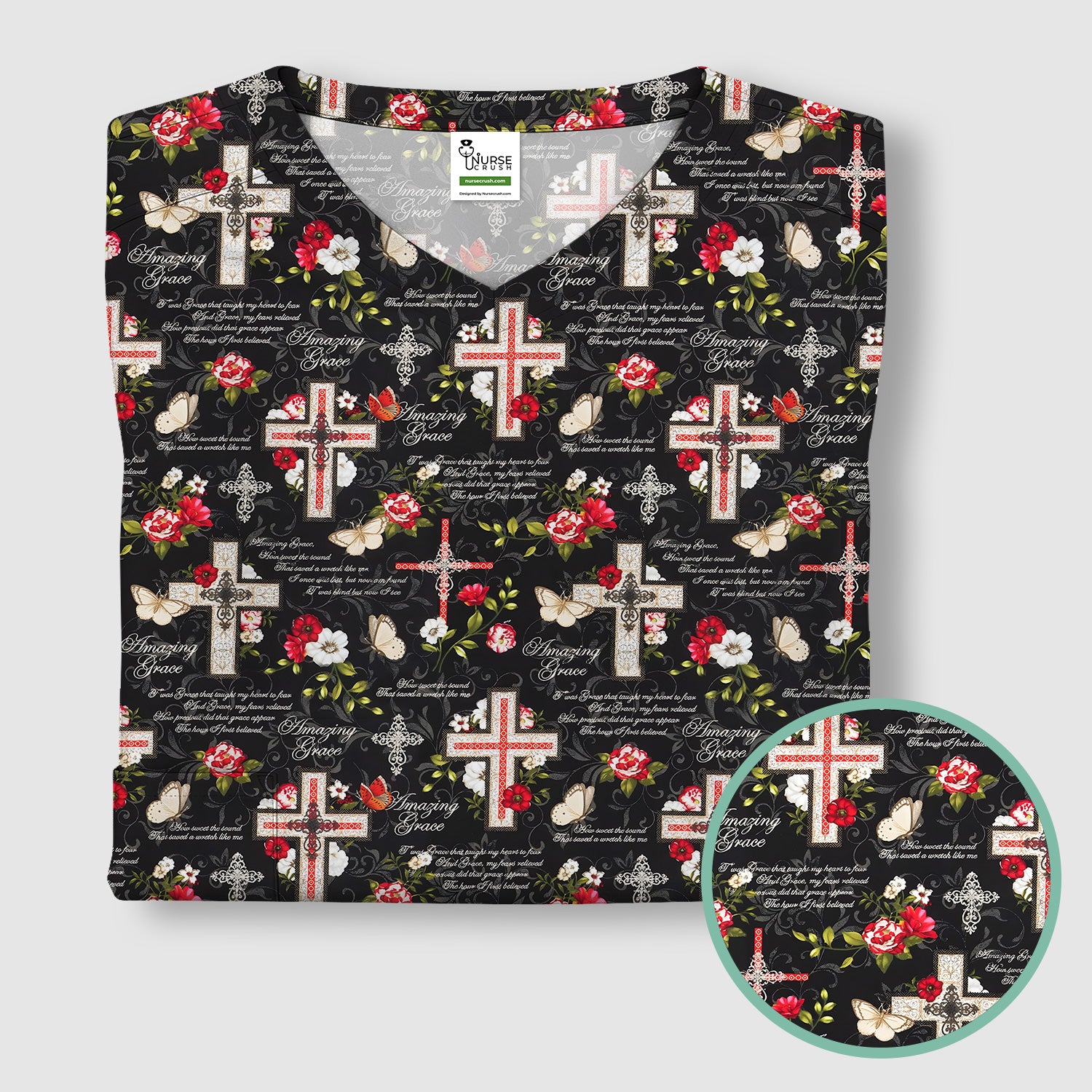 Christian Cross Roses And Butterflies Print Scrub Top, Comfortable Scrubs for Nurses