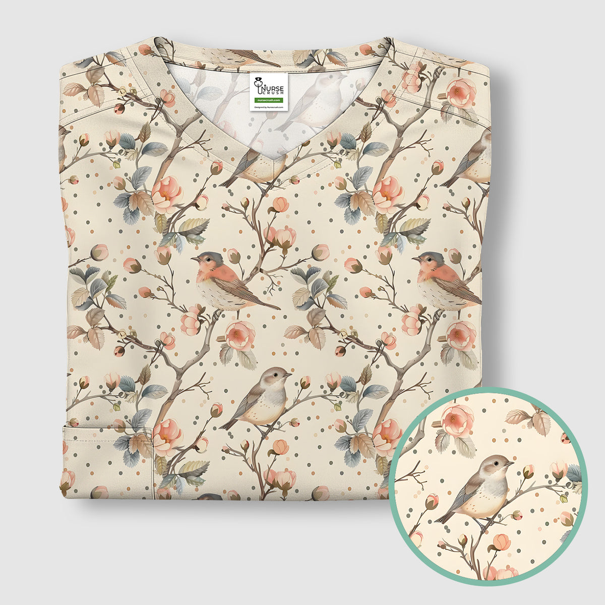 Vintage Bird Floral Branch Print Scrub Top, Soft Botanical Nursing Uni ...