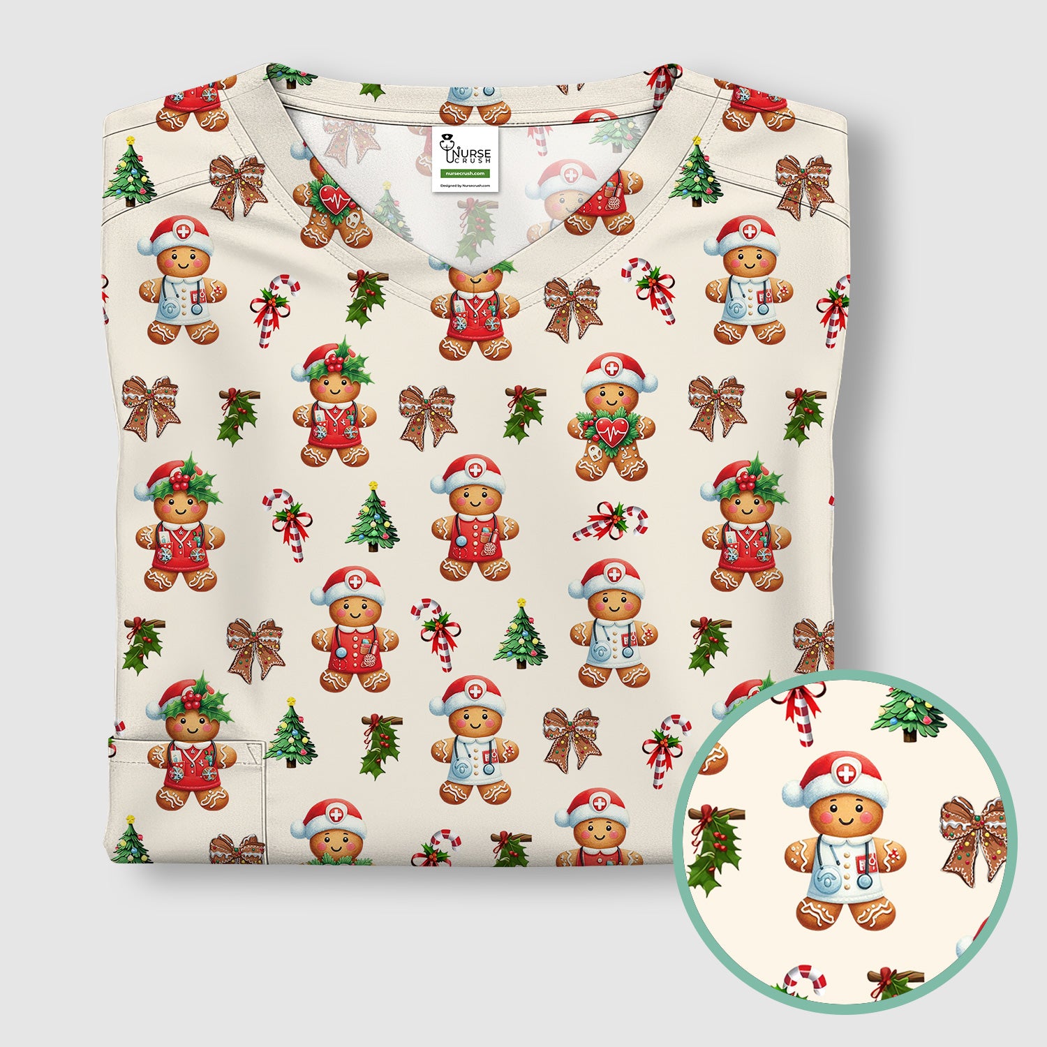 Funny Gingerbread Christmas Scrub Top - Cute Cookie with Bow Shirt - Festive Holiday Scrubs for Women