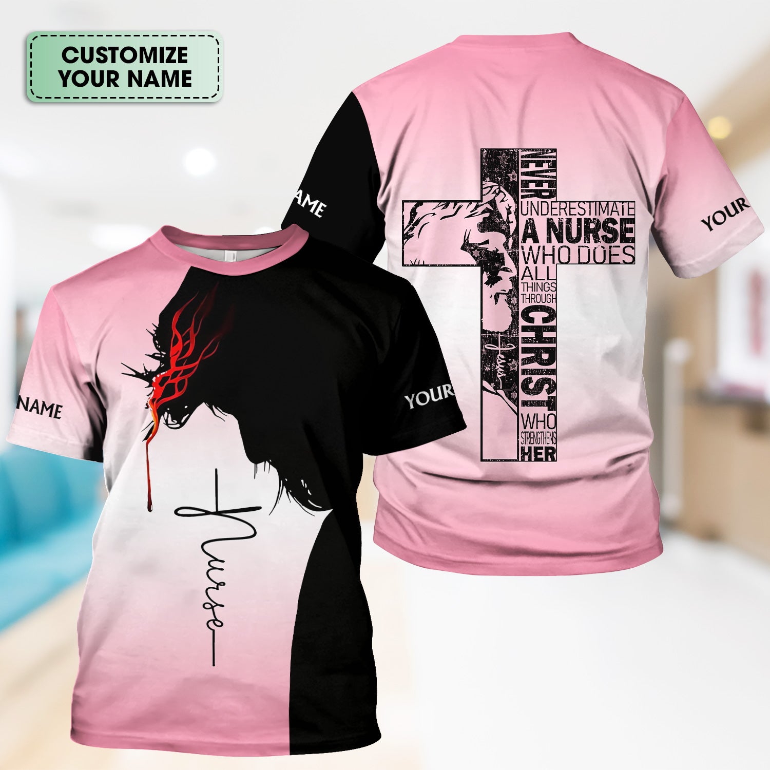 Personalized Christian Nurse Scrub Top - Christian Cross & Jesus Faith Design - Gift for RN LPN CNA