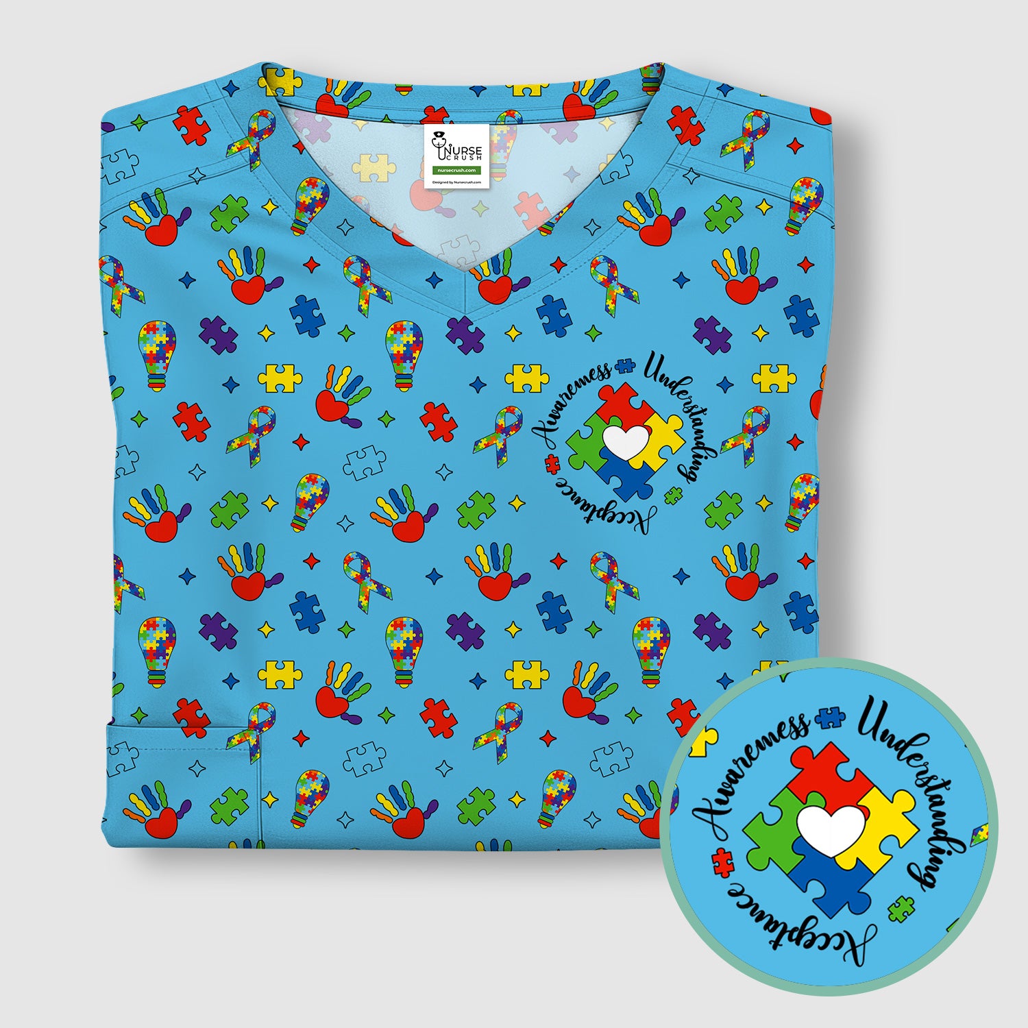 Autism Awareness Colorful Puzzle Pattern Scrub Top, Comfortable Scrubs for Nurses