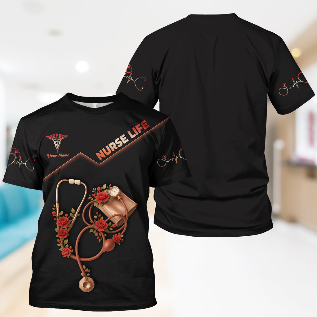 Personalized Nurse Life Shirt - Customizable Nursing Graphic Tee with Roses and Stethoscope - Gift for RN LPN CNA