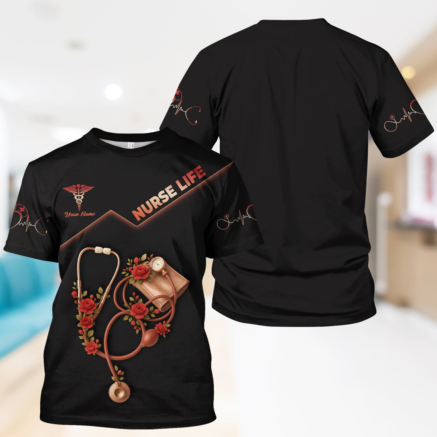 Personalized Nurse Life Shirt - Customizable Nursing Graphic Tee with Roses and Stethoscope - Gift for RN LPN CNA