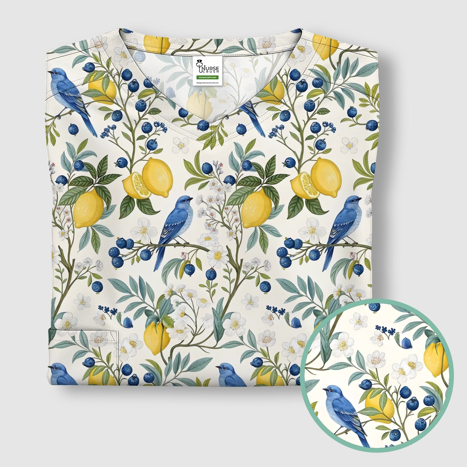 Cute Bluebird Lemon Berry Pattern Scrub Top, Comfortable Scrubs for Nurses