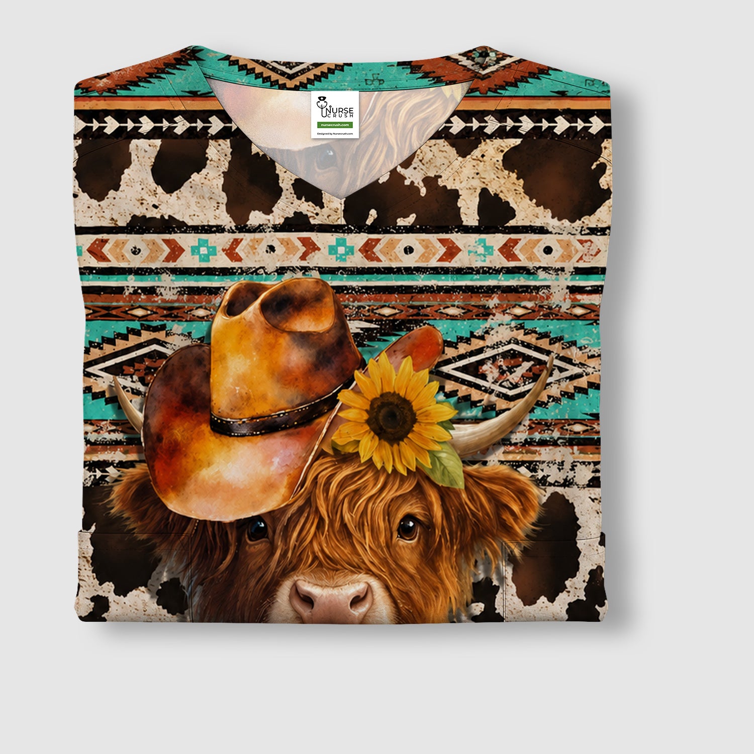 Western Highland Cow Sunflowers Print Scrub Top, Comfortable Scrubs for Nurses
