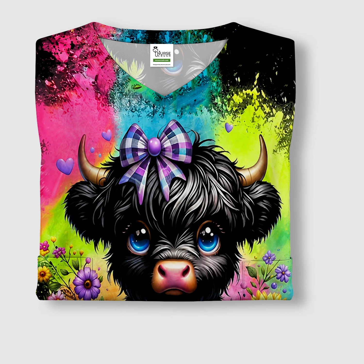 Baby Highland Cow Floral Print Scrub Top, Comfortable Scrubs for Nurses