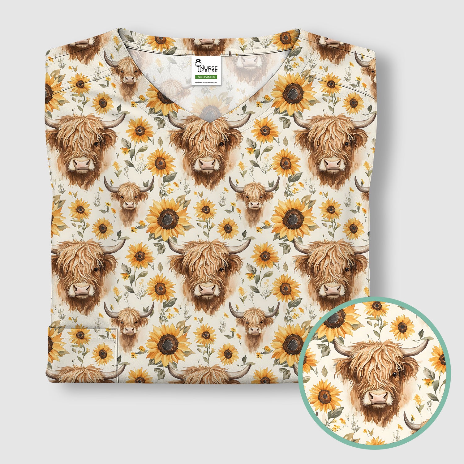 Highland Cow Sunflower Scrub Top, Rustic Farmhouse Nursing Uniform