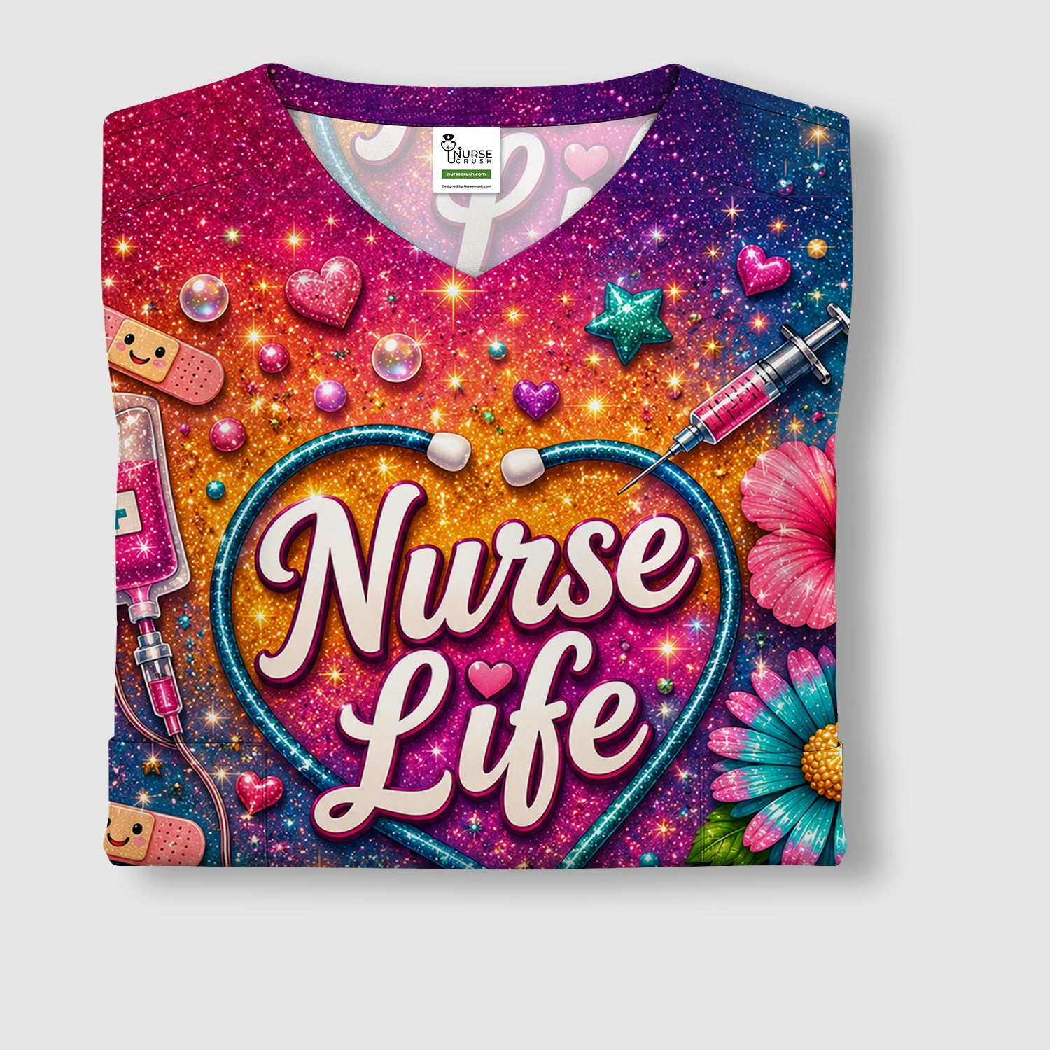 Colorful Nurse Life Heart Pattern Scrub Top, Comfortable Scrubs for Nurses