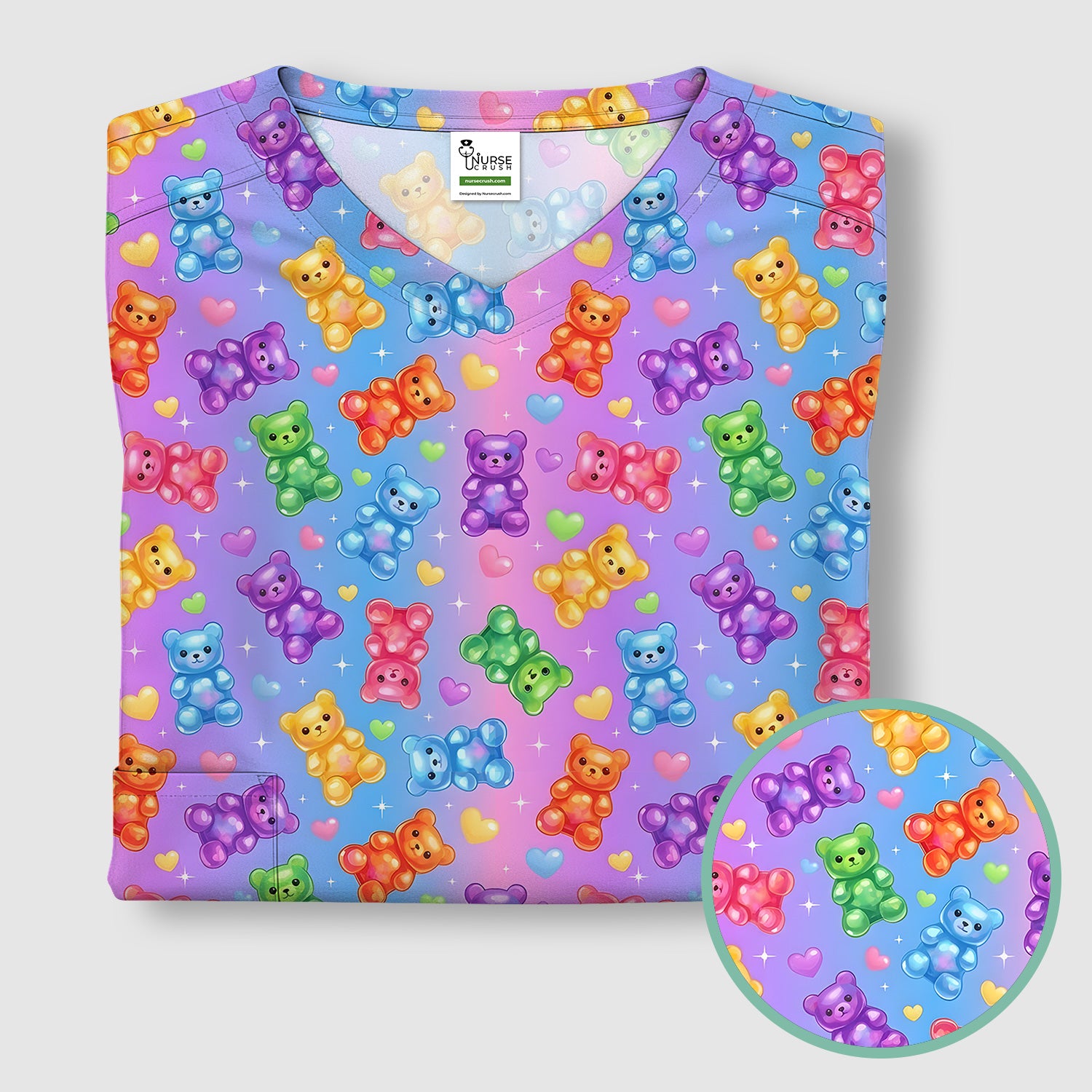 Colorful Gummy Bear Pattern Scrub Top, Breathable Fabrics Nursing Uniform