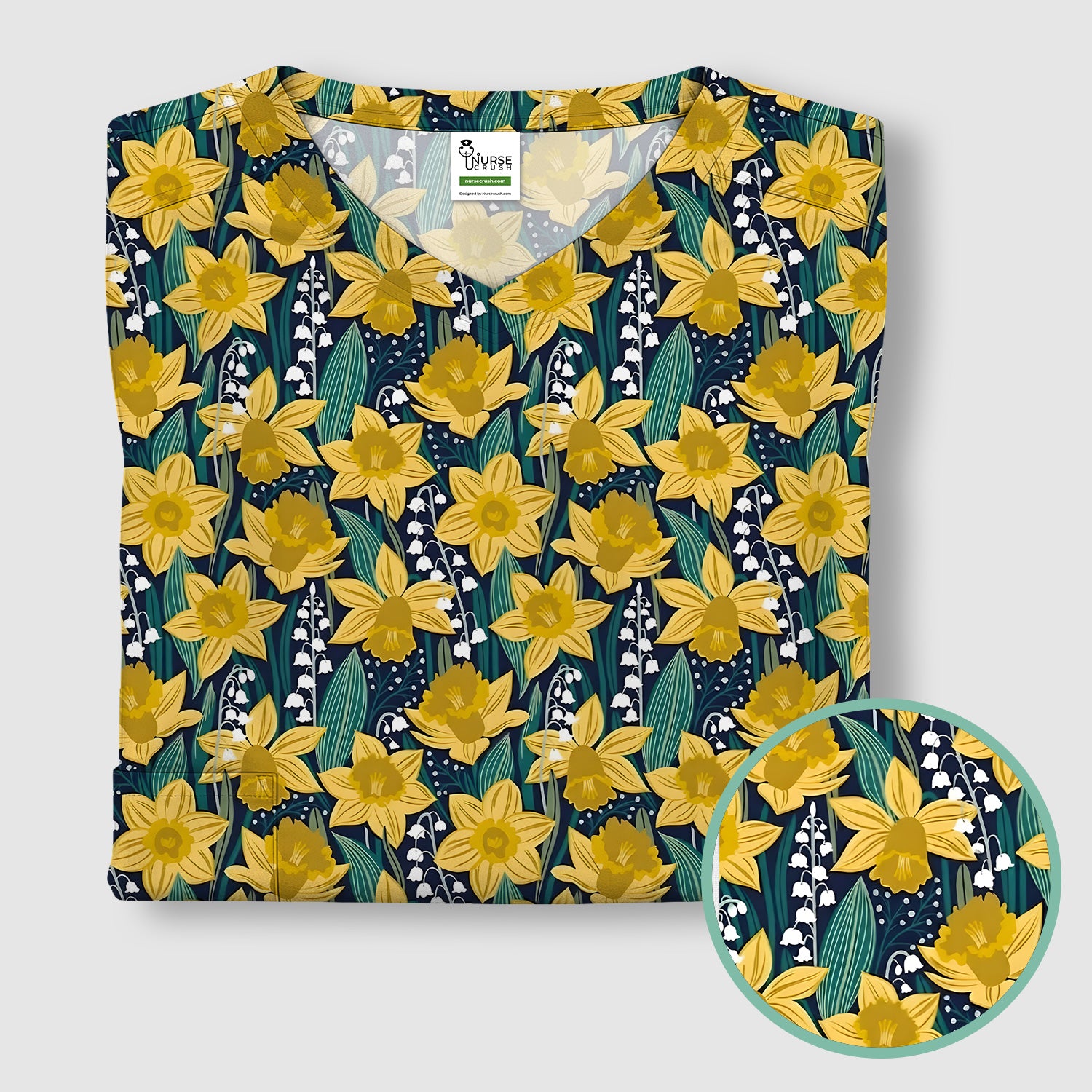Yellow Daffodil Lily Valley Pattern Scrub Top, Comfortable Scrubs for Nurses