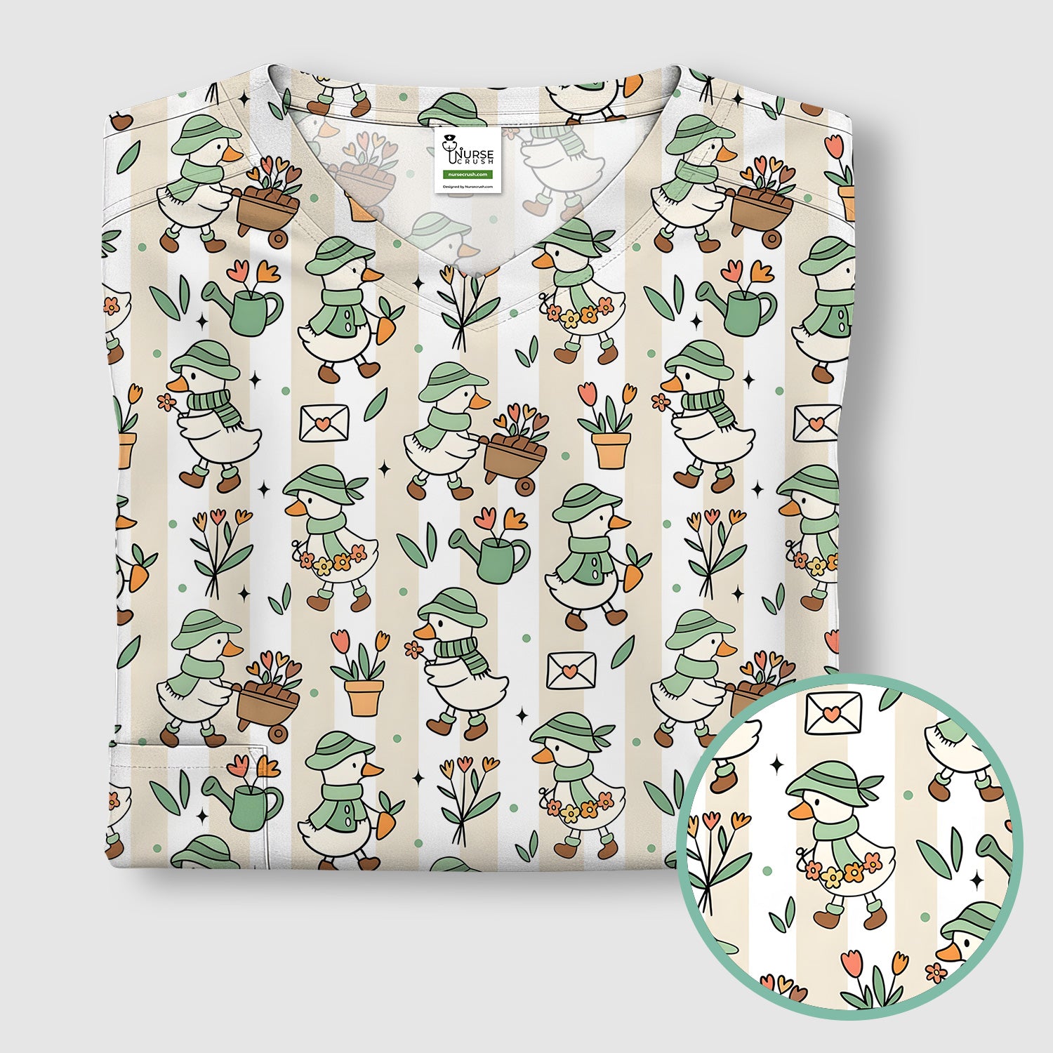 Cute Gardening Duck Floral Pattern Scrub Top, Comfortable Scrubs for Nurses