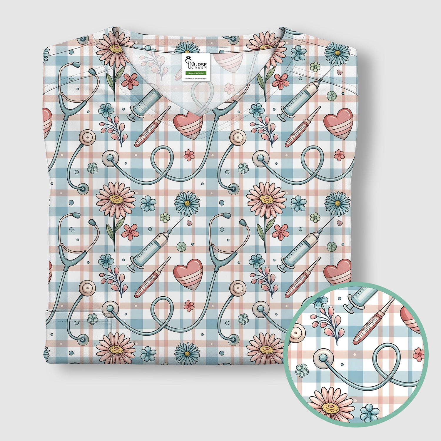 Stethoscope Heart Syringe Floral Plaid Pattern Scrub Top, Comfortable Scrubs for Nurses