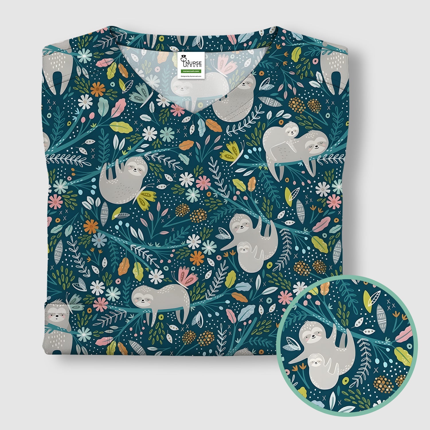 Cute Sloth Jungle Leaf Floral Pattern Scrub Top, Breathable Fabrics Nursing Uniform