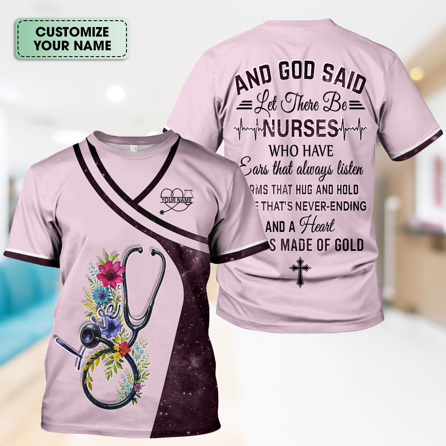 Custom Nurse Love T-Shirt - Floral Stethoscope & Galaxy Design - Personalized Gift for RN LPN CNA Healthcare Professionals