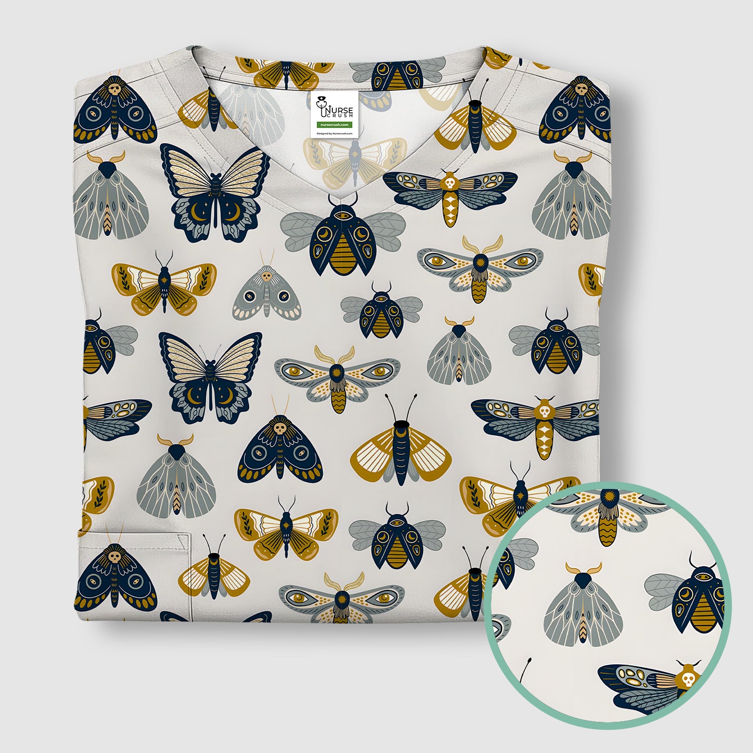 Cute Butterfly Moth Insect Pattern Scrub Top, Comfortable Scrubs for Nurses