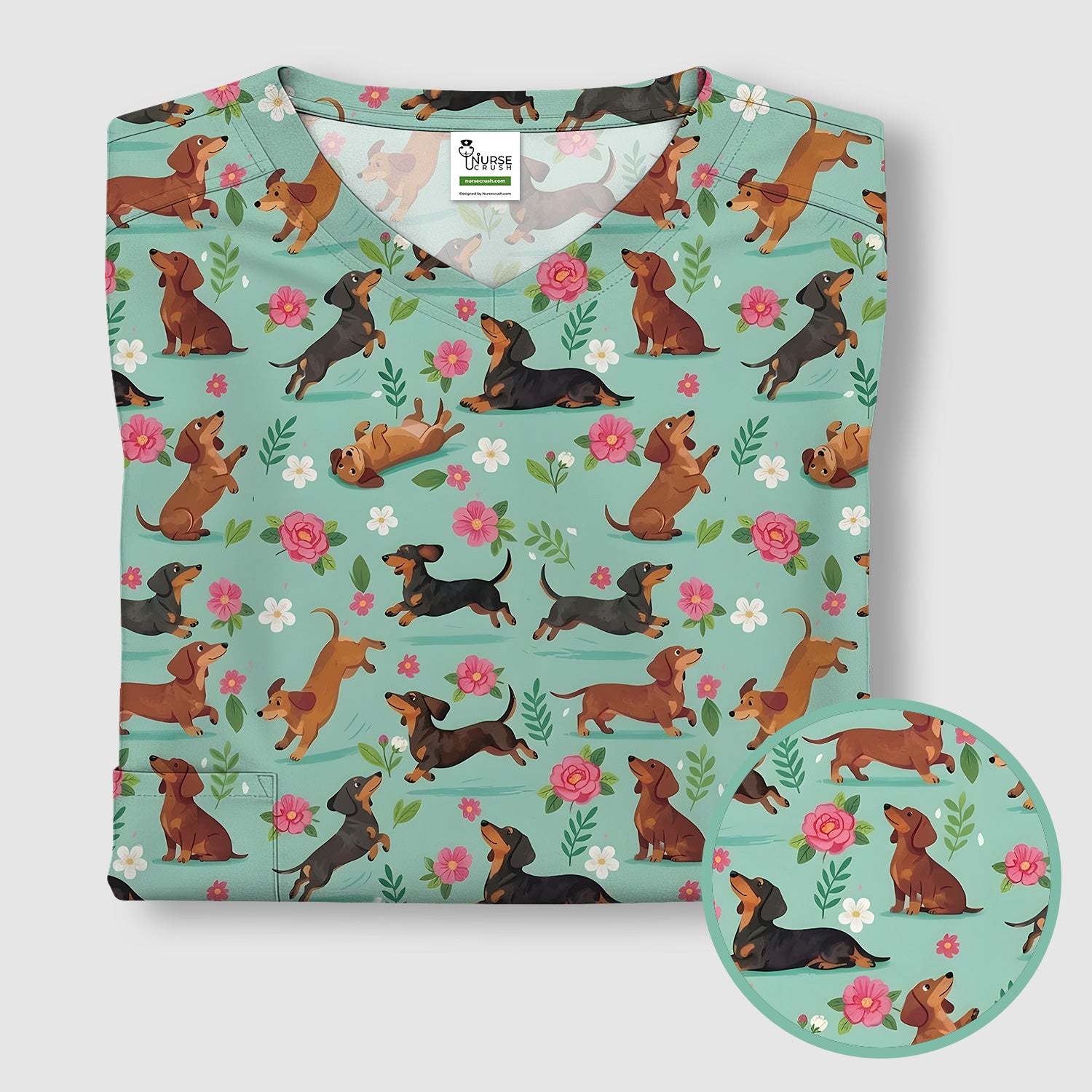 Cute Floral Dachshund Puppy Pattern Scrub Top, Comfortable Scrubs for Nurses