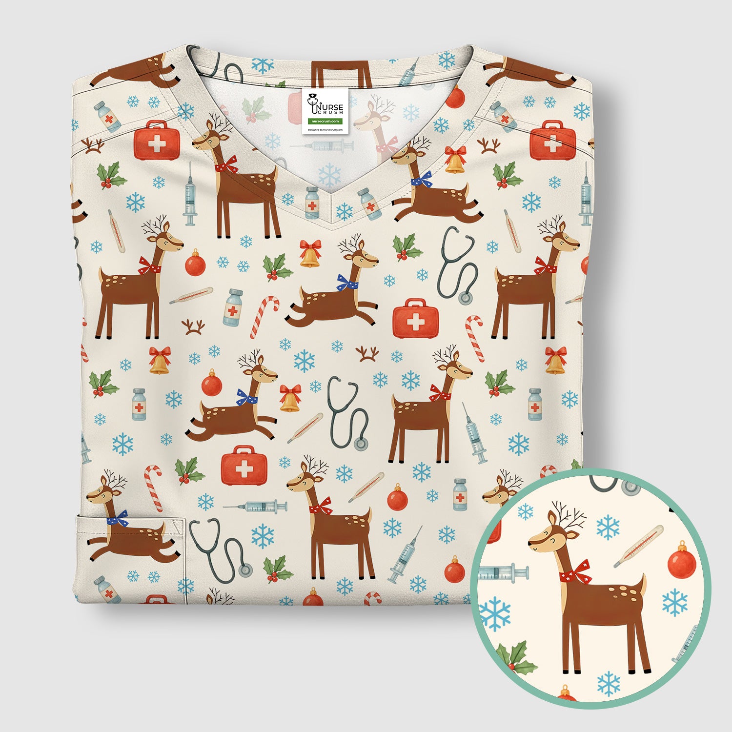 Reindeer Christmas Scrub Top - Snowflakes Candy Canes Holiday Medical Shirt - Xmas Scrubs for Women RN CNA LPN