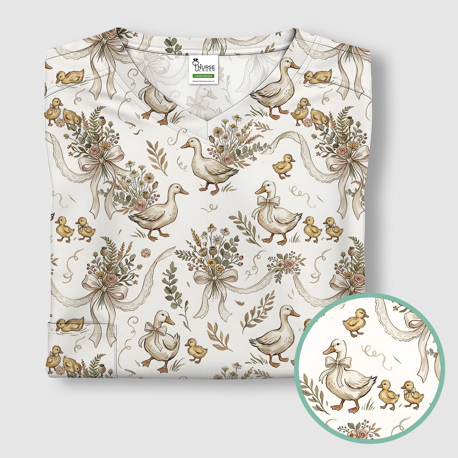 Vintage Duck Family Ribbon Floral Pattern Nurse Scrub Top, Breathable Fabrics Nursing Uniform