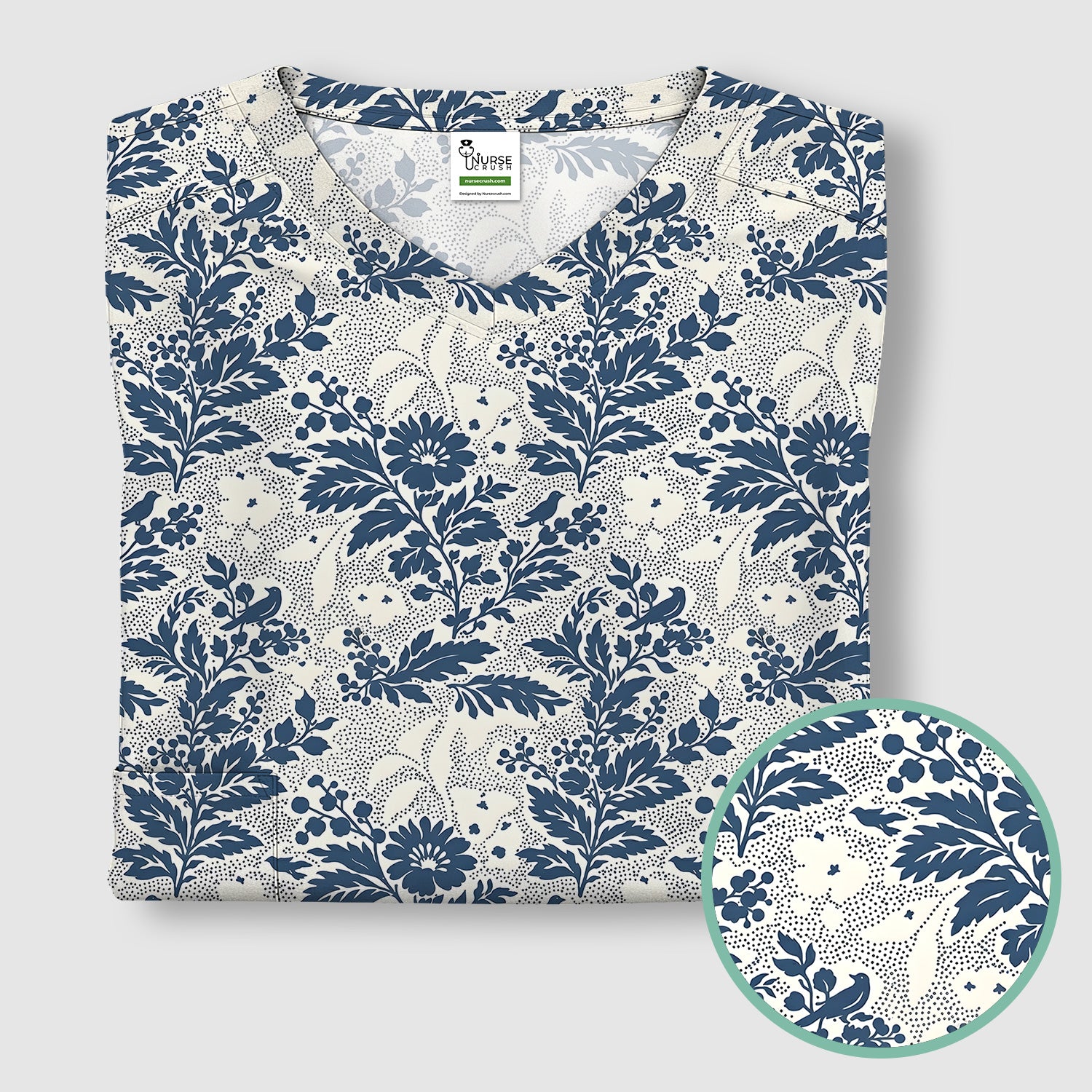 Cute Blue Floral Botanical Nurse Pattern Scrub Top, Breathable Fabrics Nursing Uniform