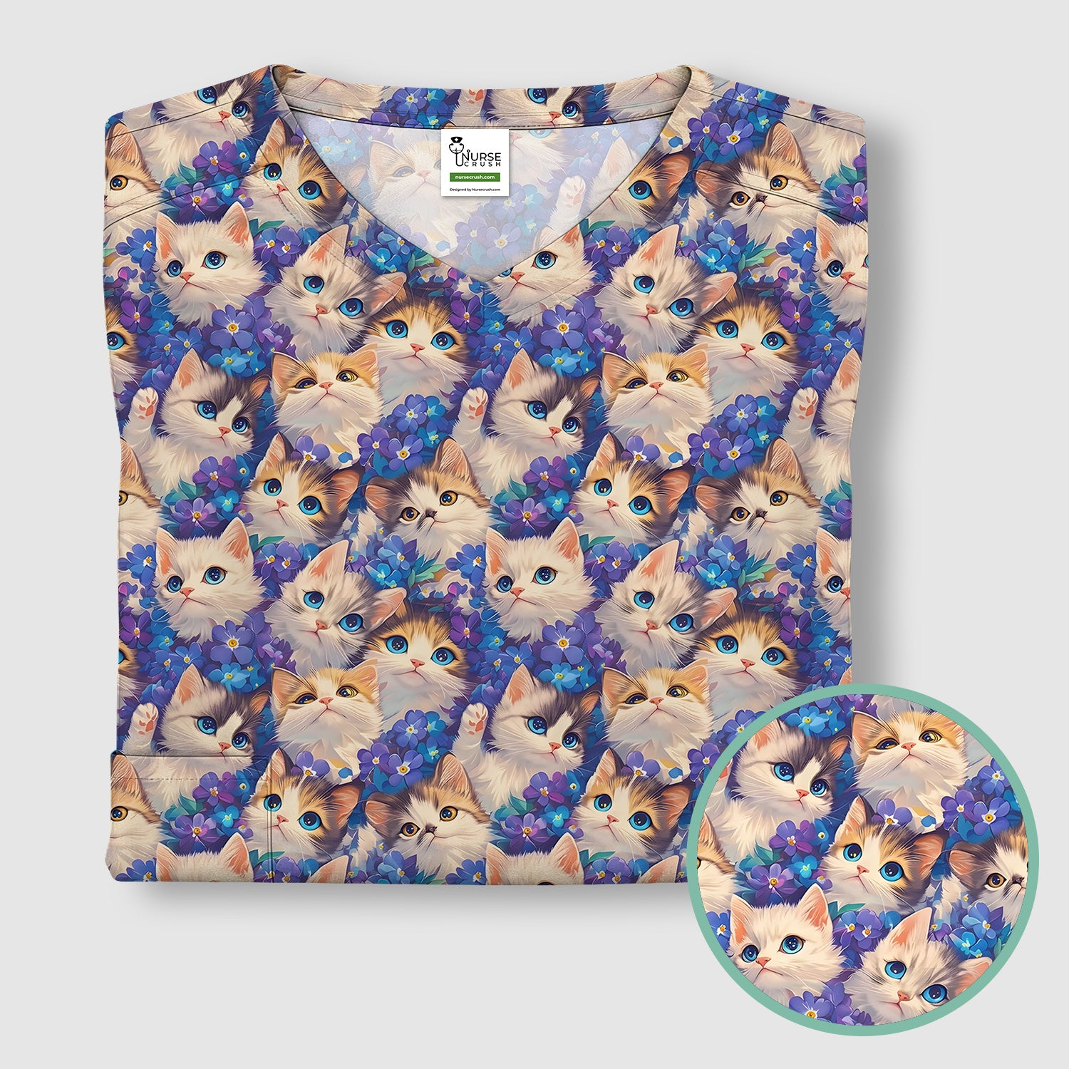 Cute Blue Eyed Kitten Pattern Scrub Top, Comfortable Scrubs for Nurses