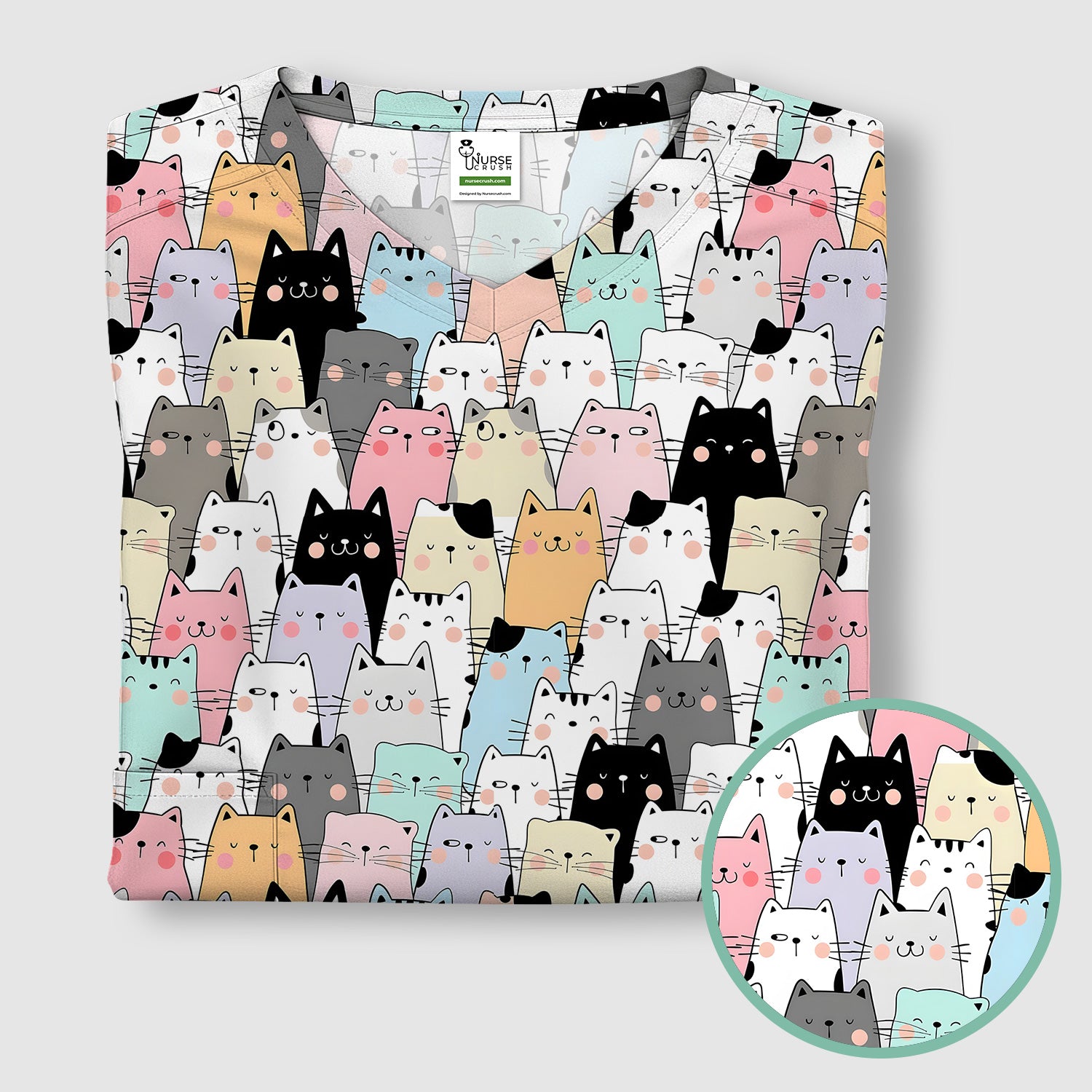Playful Cartoon Cat Crowd Pattern Scrub Top, Comfortable Scrubs for Nurses