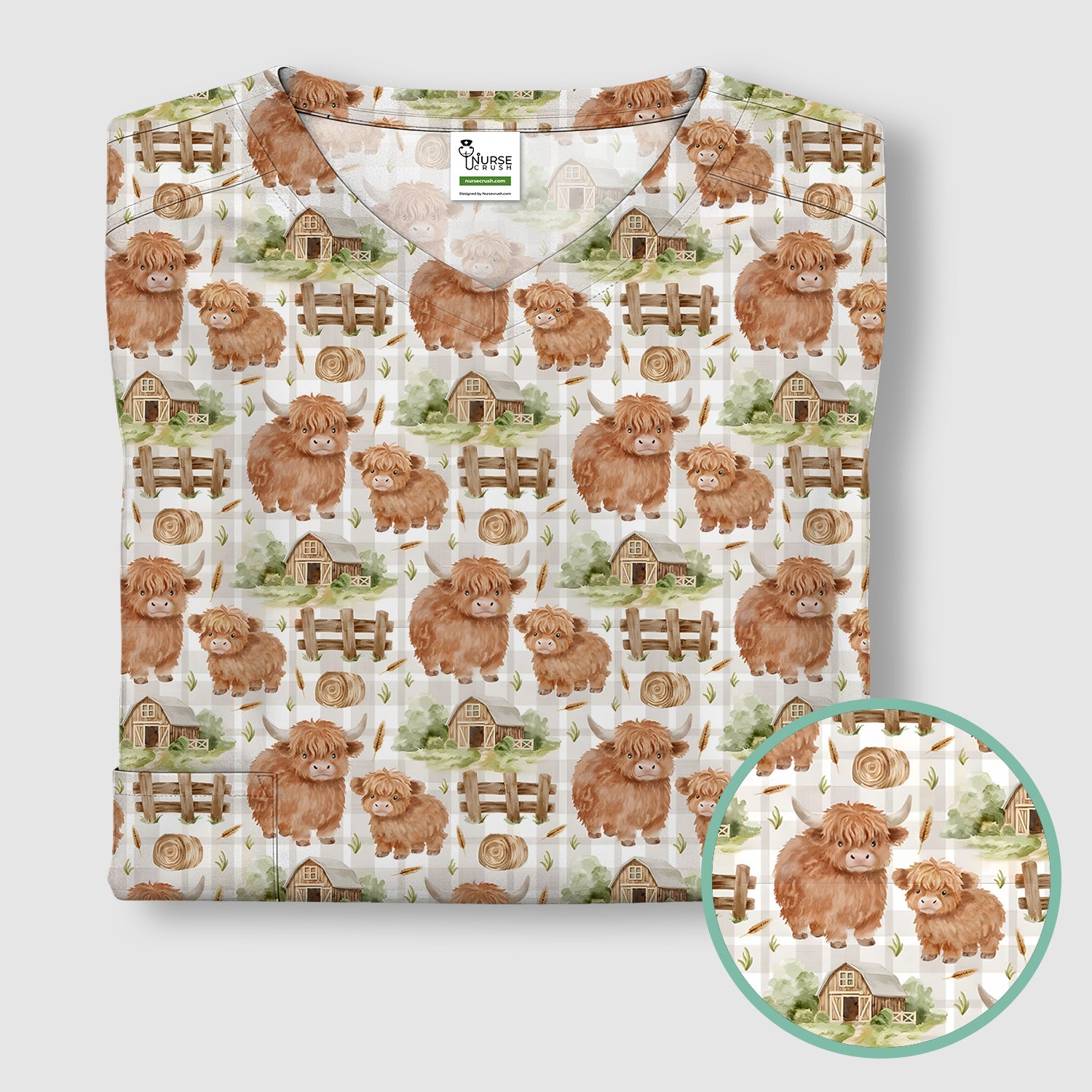 Cute Highland Cow With Farm Barn Fence Scrub Top, Comfortable Scrubs for Nurses