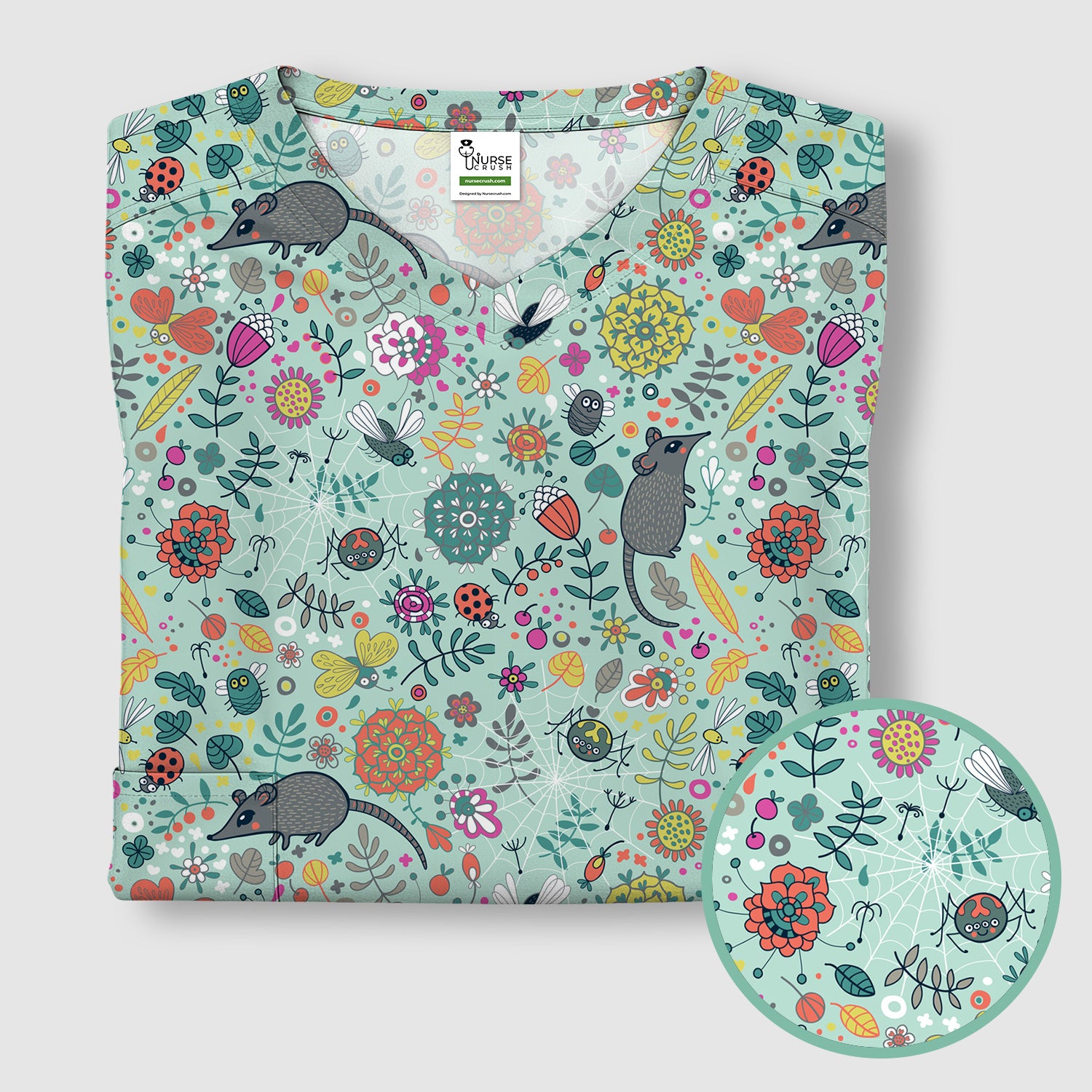 Woodland Mouse Floral Pattern Scrub Top, Comfortable Scrubs for Nurses