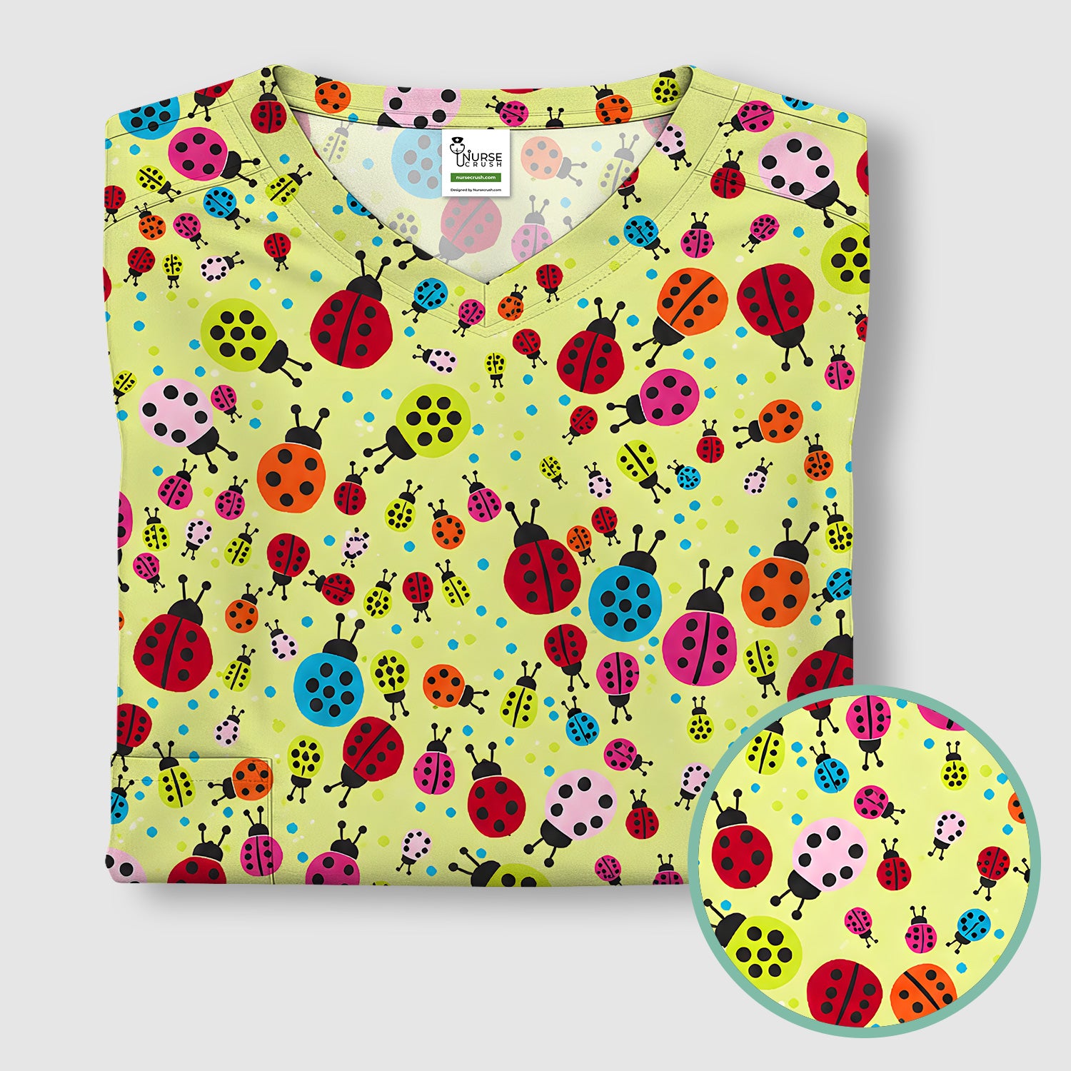 Colorful Ladybug Garden Pattern Scrub Top, Comfortable Scrubs for Nurses