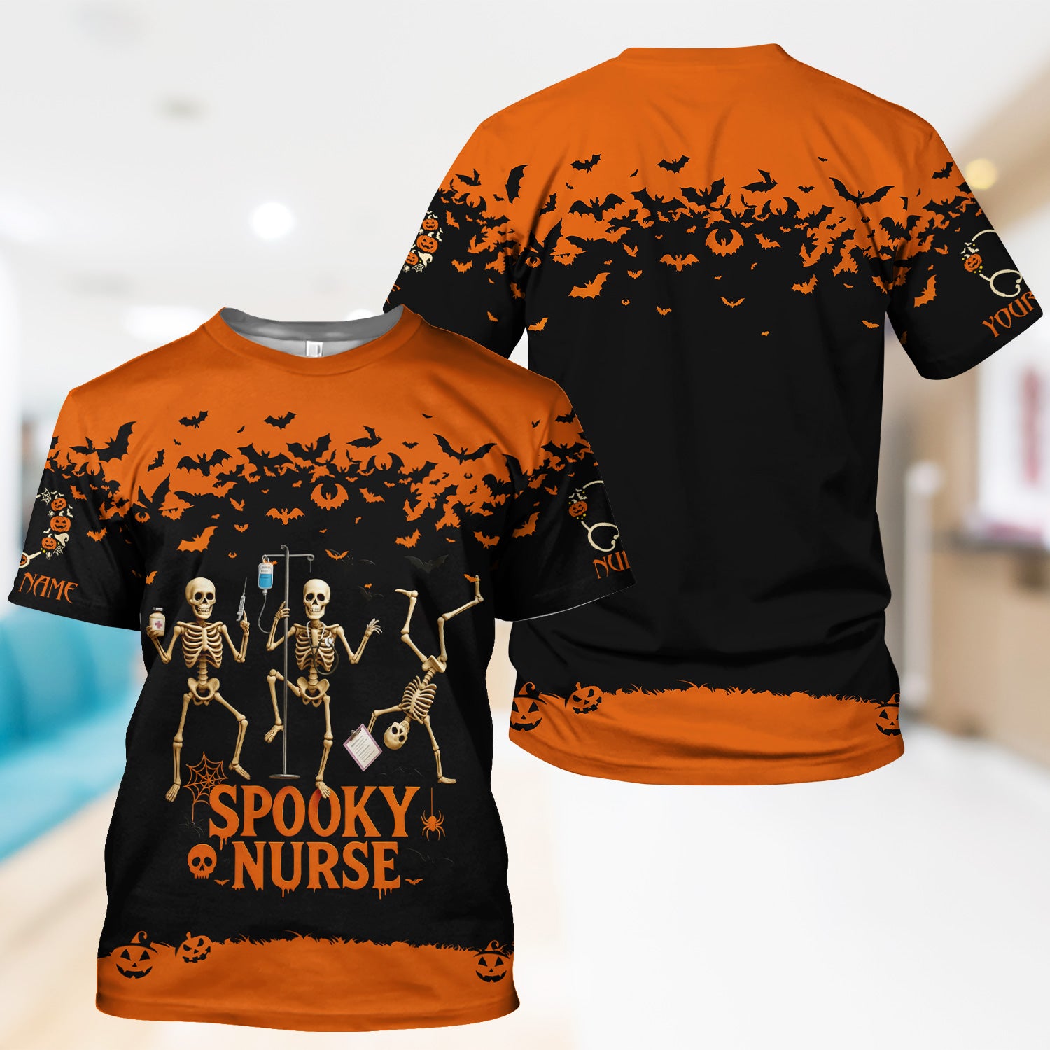 Spooky Nurse Halloween Shirt - Funny Skeleton Medical Scrub Top for RN CNA - Custom Name All Over Print Gift for Nurses