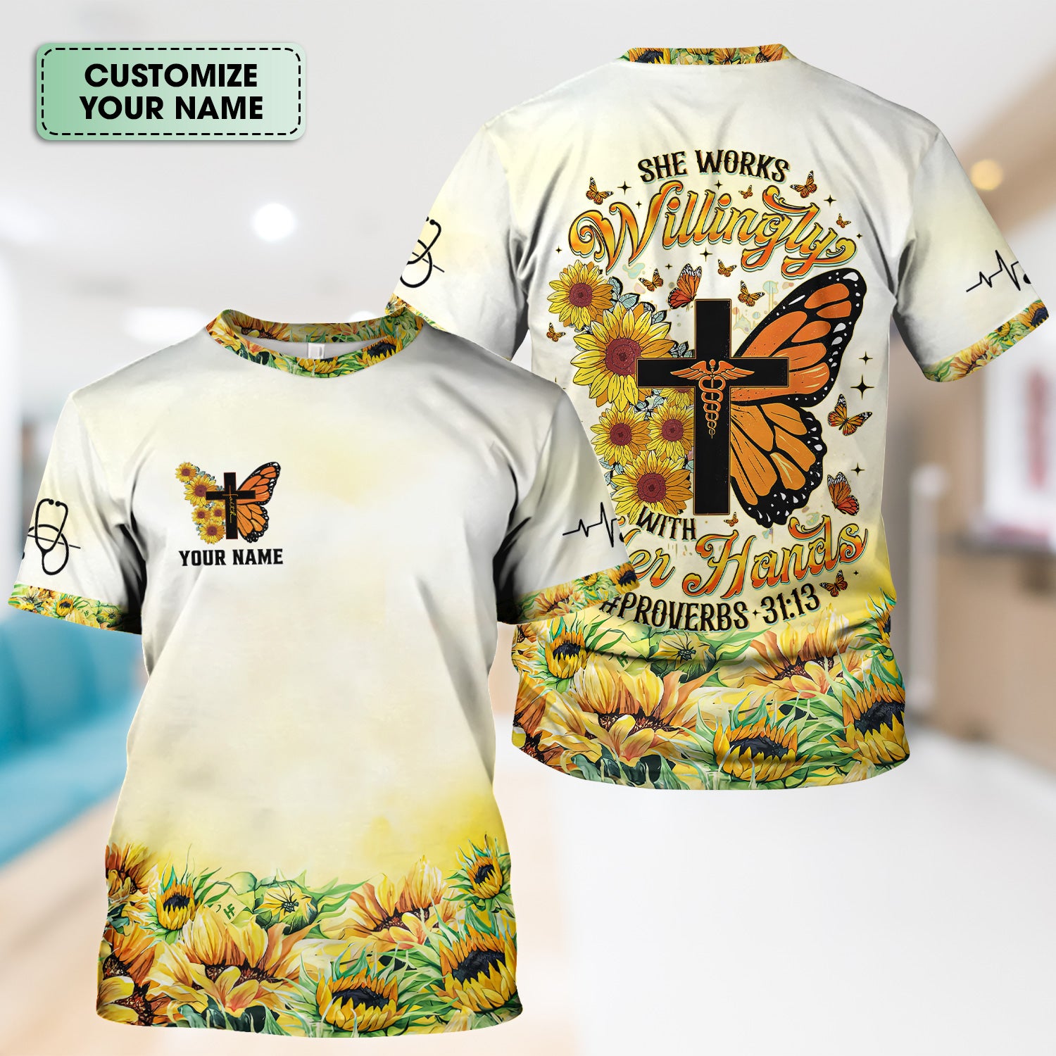 Personalized Christian Nurse Scrub Top - Sunflower Butterfly Cross & Bible Verse - Gift for RN LPN CNA Healthcare Workers