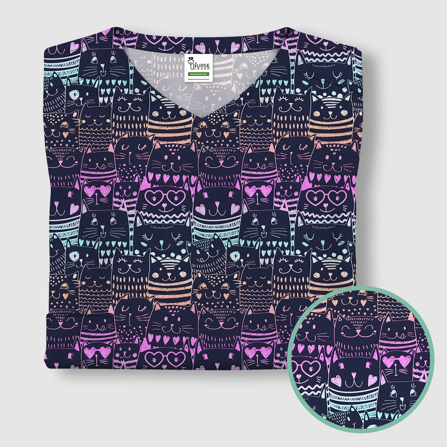 Cute Neon Cat Faces Pattern Scrub Top, Comfortable Scrubs for Nurses