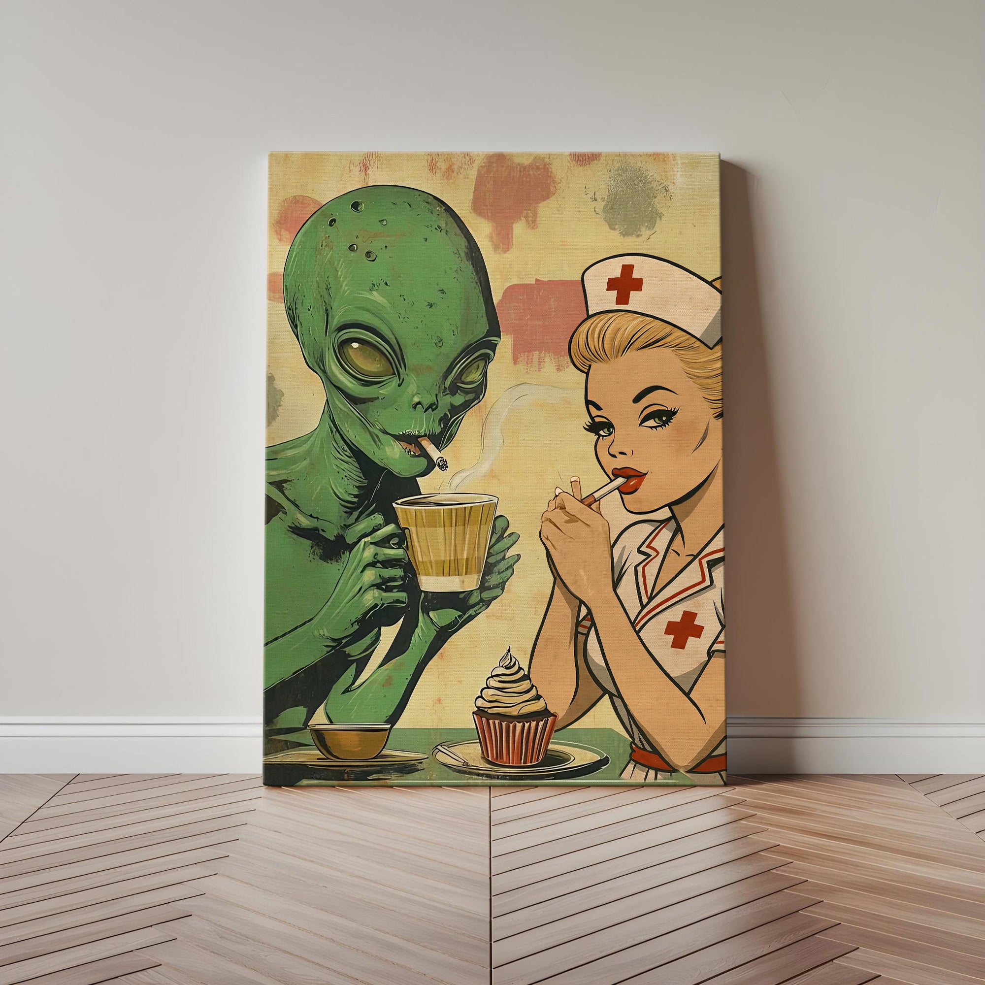 Funny Vintage Nurse & Alien Canvas, Retro Pop Art Smoking & Coffee Time Wall Art, RN LPN CNA Gift