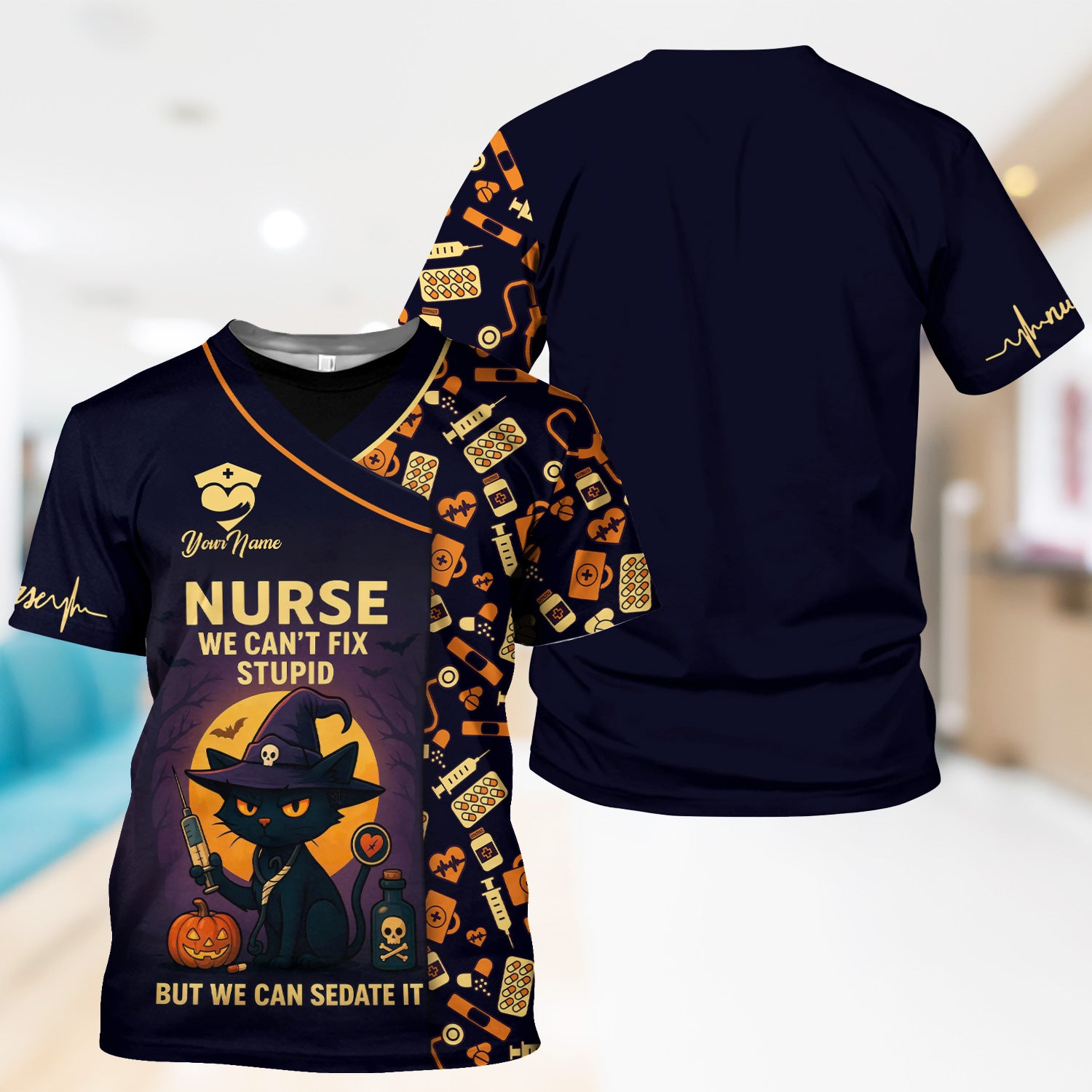 Personalized Halloween Nurse Scrub Top - We Can’t Fix Stupid Black Cat Quote - Gift for RN CNA LPN