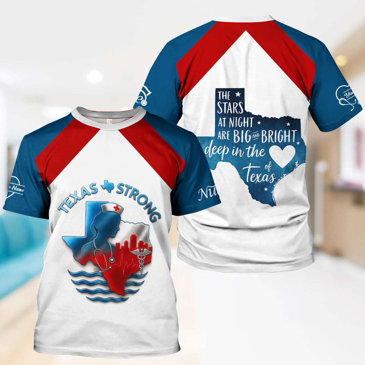 Texas Strong Nurse Scrubs - Personalized with Stethoscope & Texas Flag - Custom Name for RN, CNA, LPN - Gift for Healthcare Workers