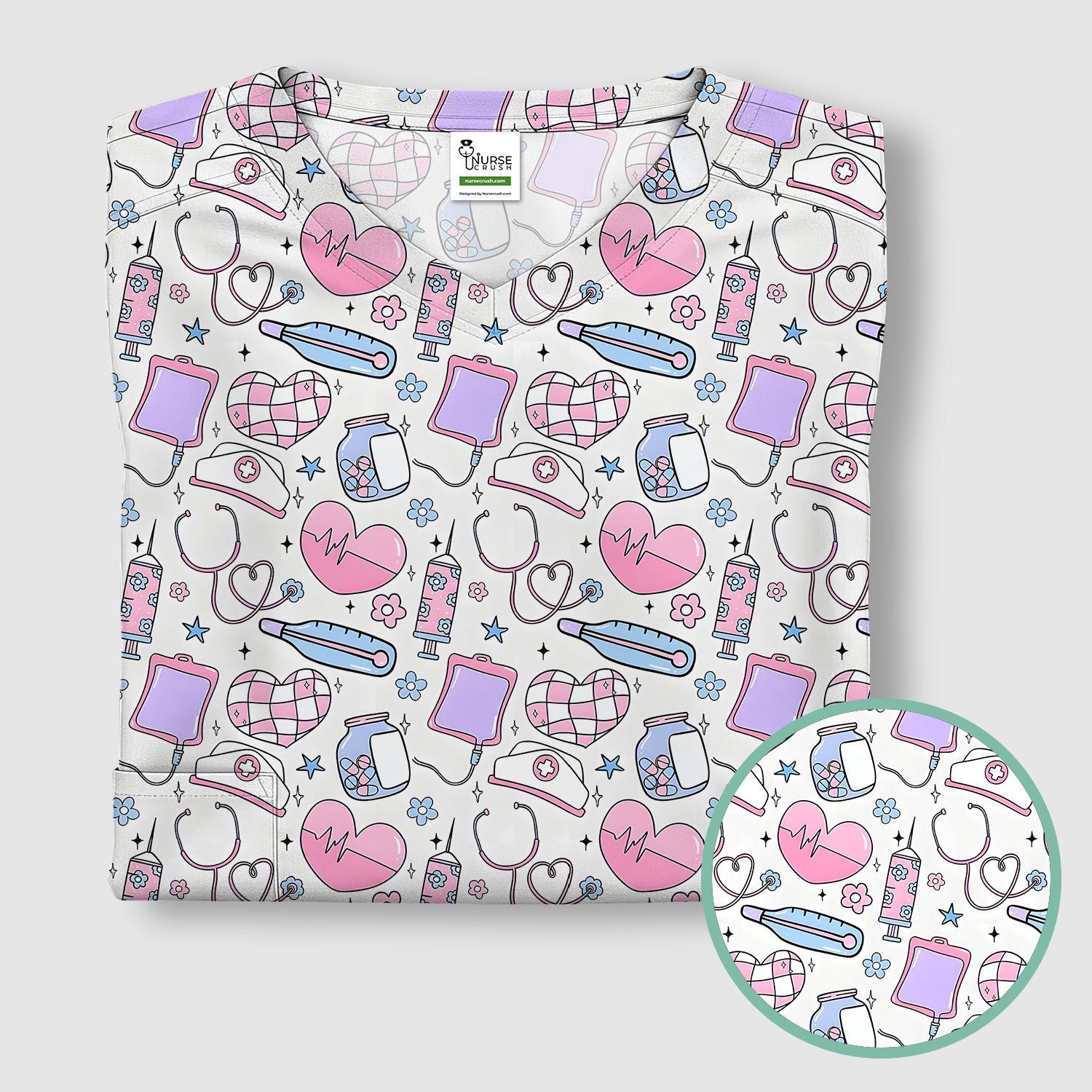 Cute Pastel Medical Icons Pattern Scrub Top, Comfortable Scrubs for Nurses