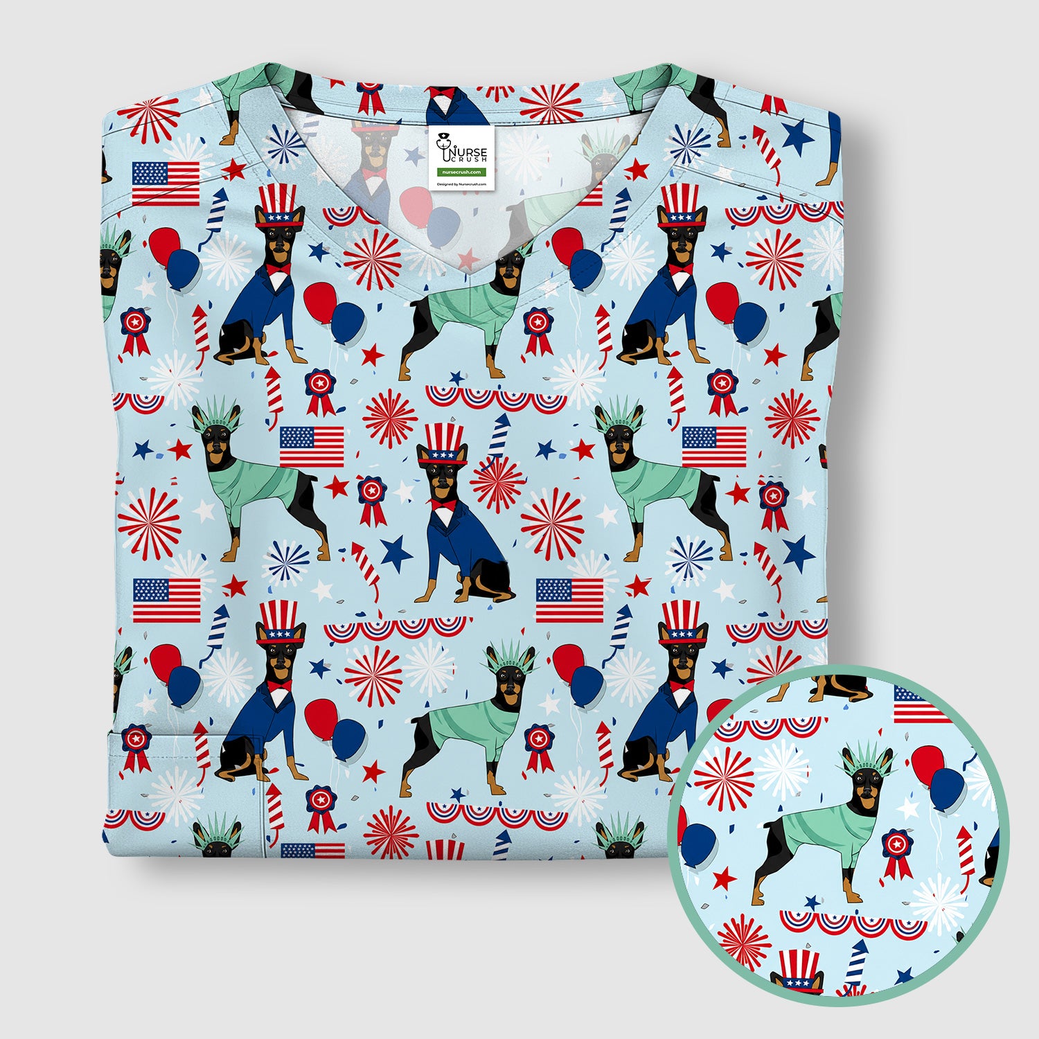 Patriotic Doberman Liberty Fireworks Pattern Scrub Top, Comfortable Scrubs for Nurses