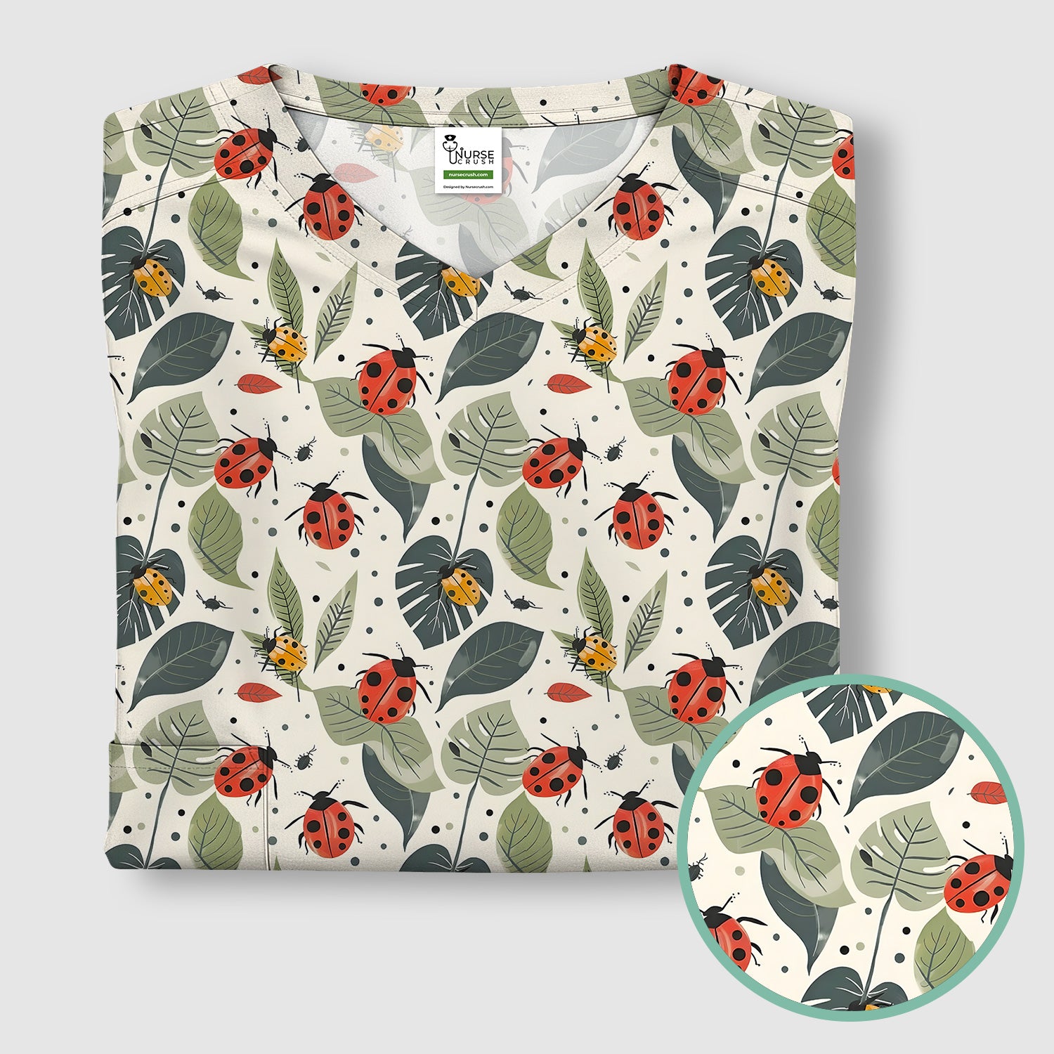 Cute Ladybug Leaf Nature Pattern Scrub Top, Comfortable Scrubs for Nurses