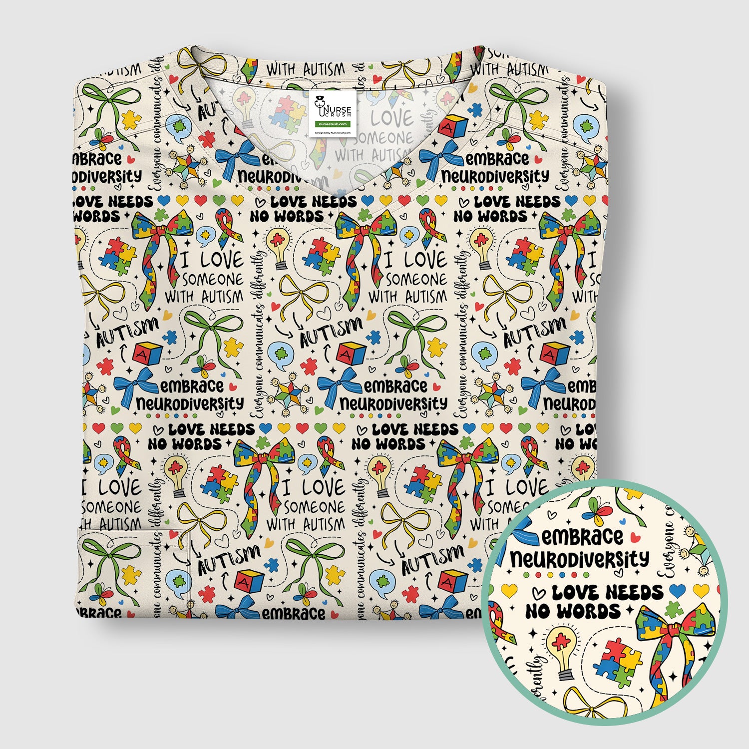 Autism Awareness Puzzle Ribbon Pattern Scrub Top, Breathable Fabrics Nursing Uniform