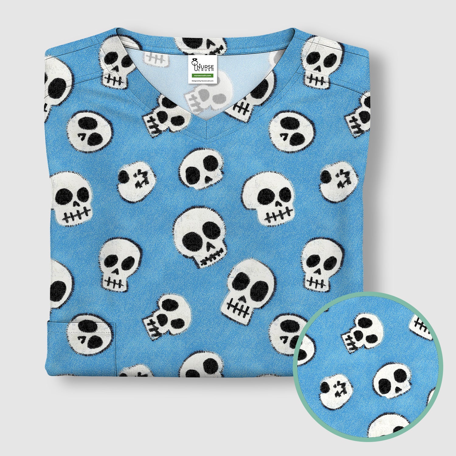 Blue Skull Halloween Pattern Scrub Top, Comfortable Scrubs for Nurses