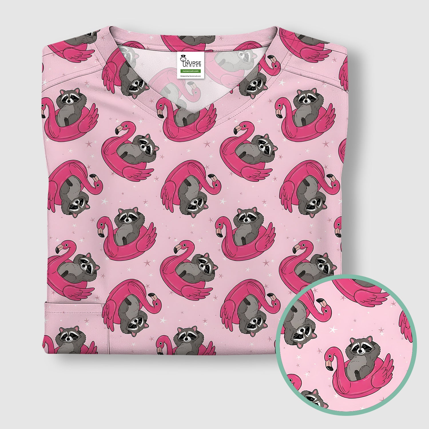 Cute Raccoon Flamingo Float Pattern Scrub Top, Comfortable Scrubs for Nurses