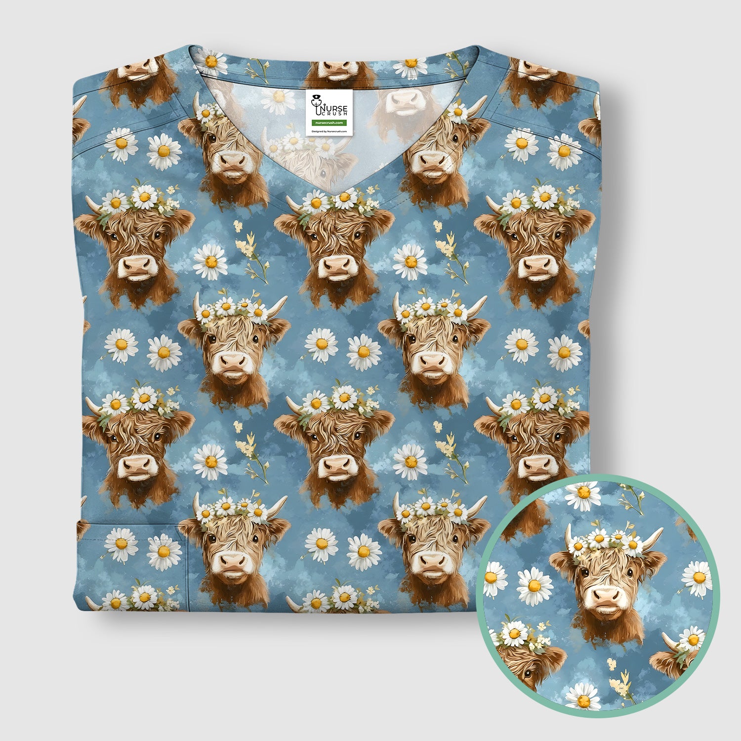 Highland Cow Daisy Flower Pattern Scrub Top, Comfortable Scrubs for Nurses