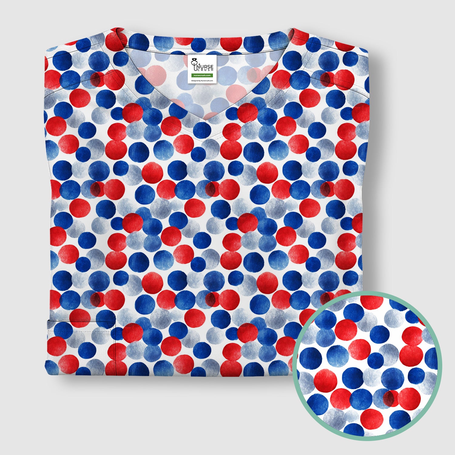 4th of July Patriotic Polka Dot Scrub Top, Red White Blue Nurse Uniform