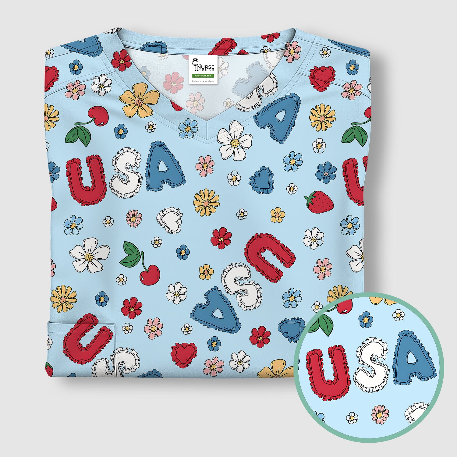 USA Cherry Strawberry Floral Patch Pattern Scrub Top, Comfortable Scrubs for Nurses