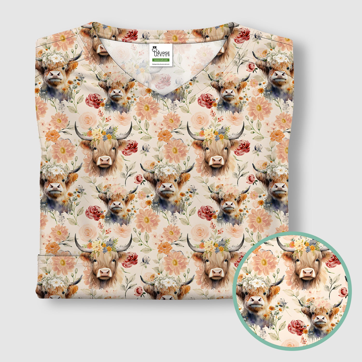 Cute Highland Cow Floral Pattern Scrub Top, Comfortable Scrubs for Nurses
