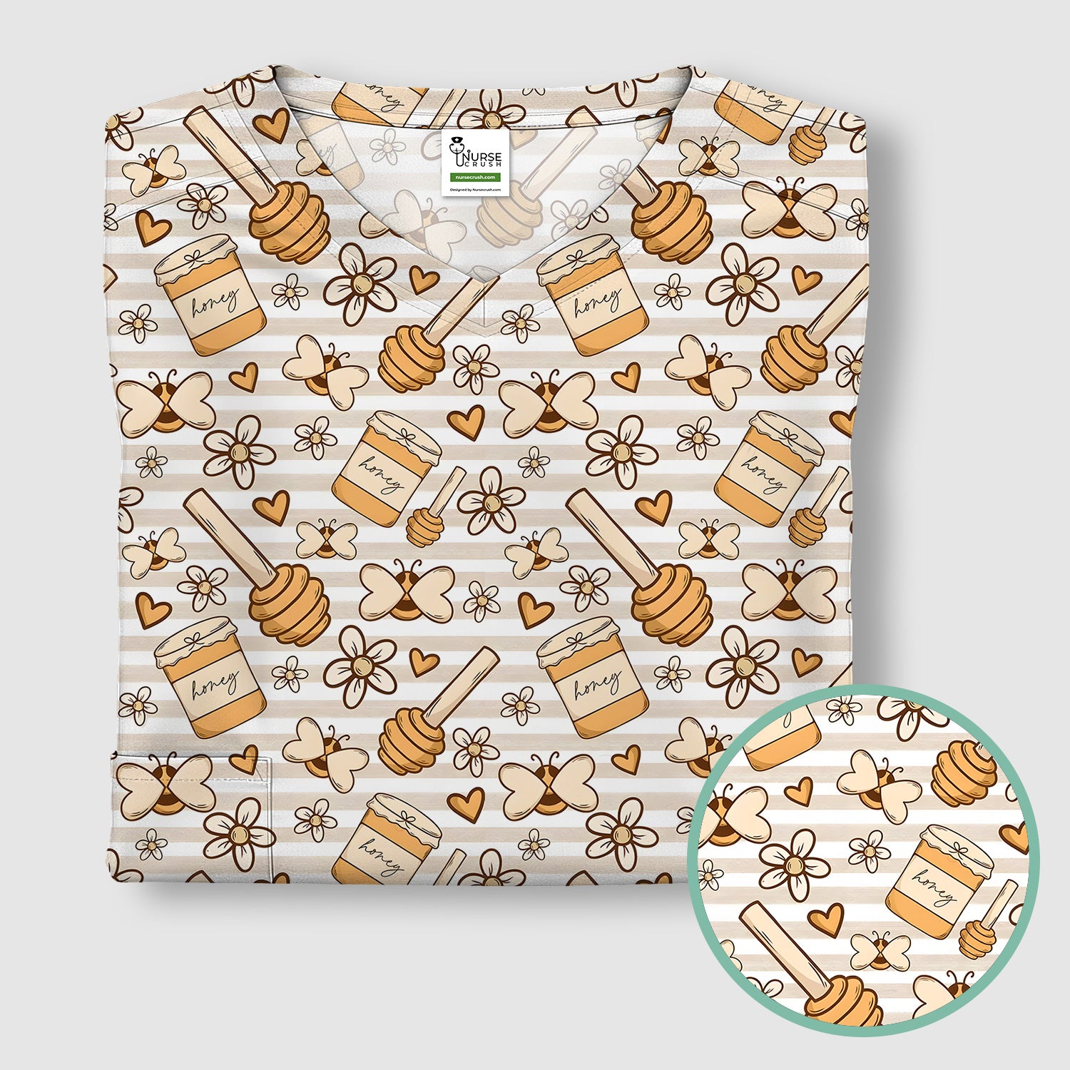 Honey Jar With Daisy Flower Pattern Scrub Top, Breathable Fabrics Nursing Uniform