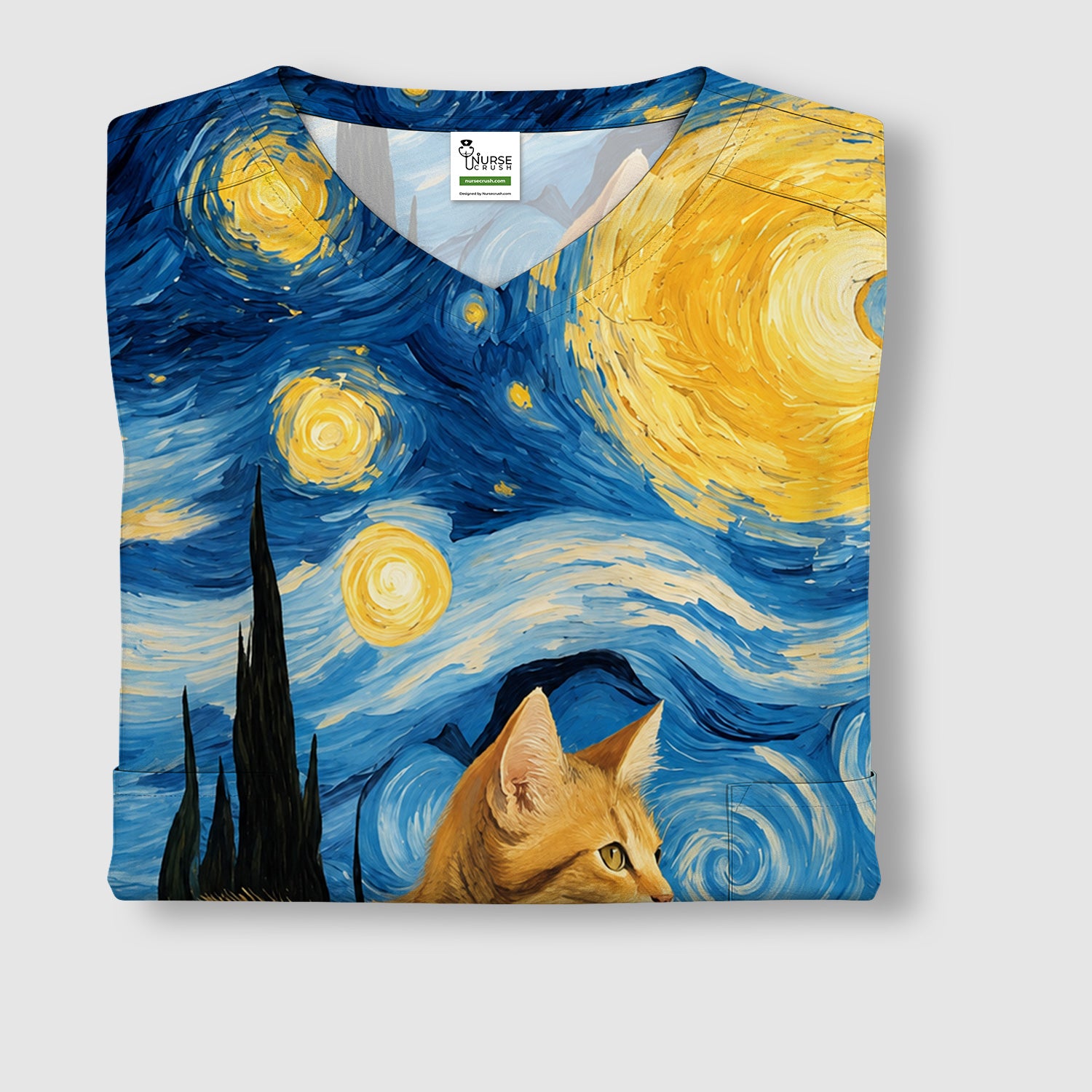 Swirling Moonlit Cat Scene Print Scrub Top, Comfortable Scrubs for Nurses