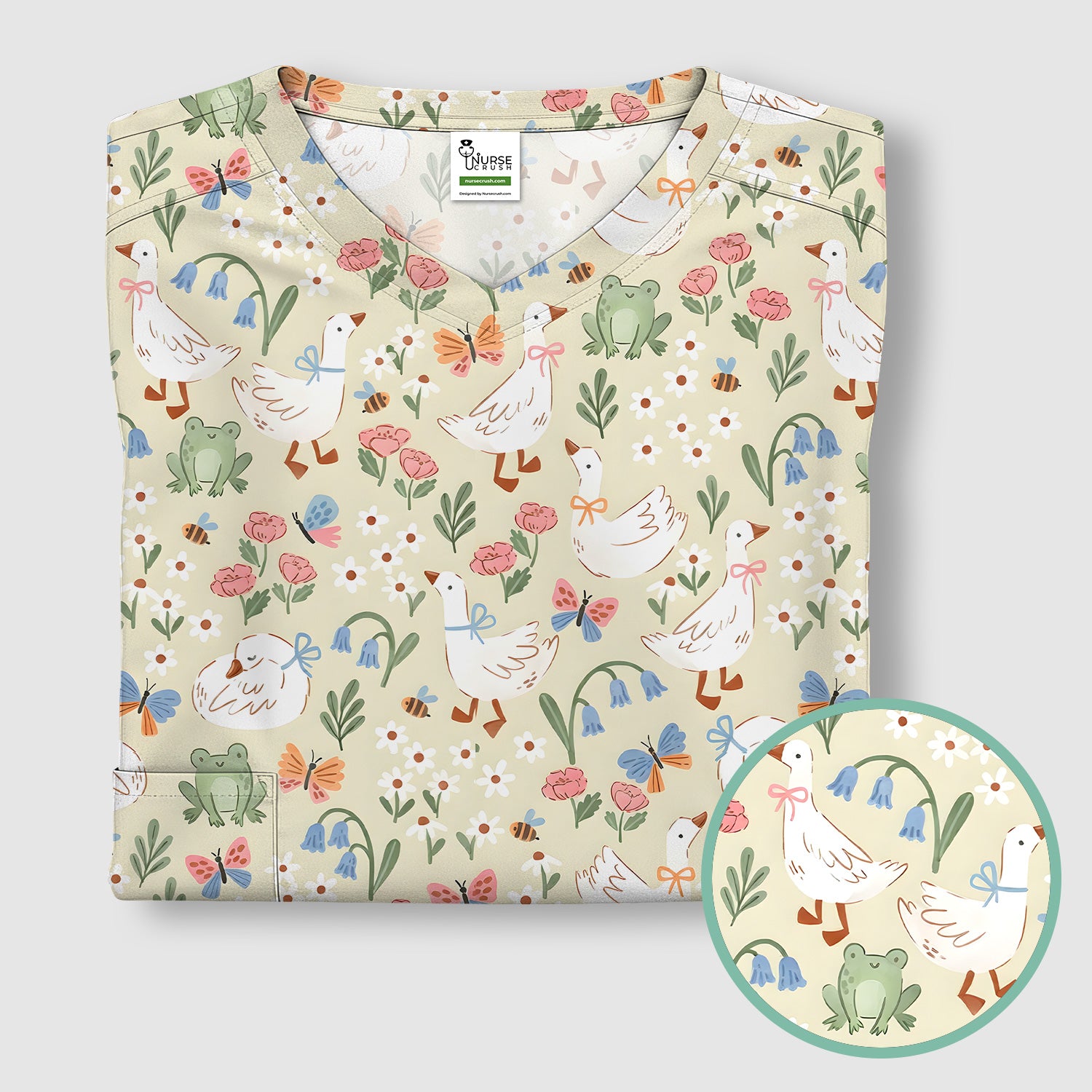 Cute Goose & Frog Garden Print Scrub Top, Comfortable Scrubs for Nurses