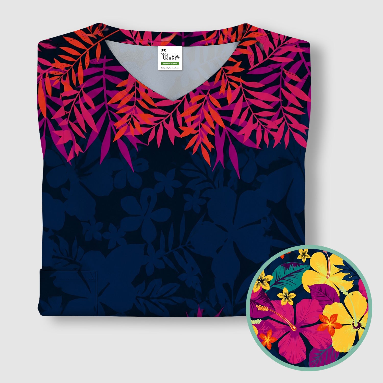 Tropical Hibiscus Palm Leaf Pattern Scrub Top, Comfortable Scrubs for Nurses