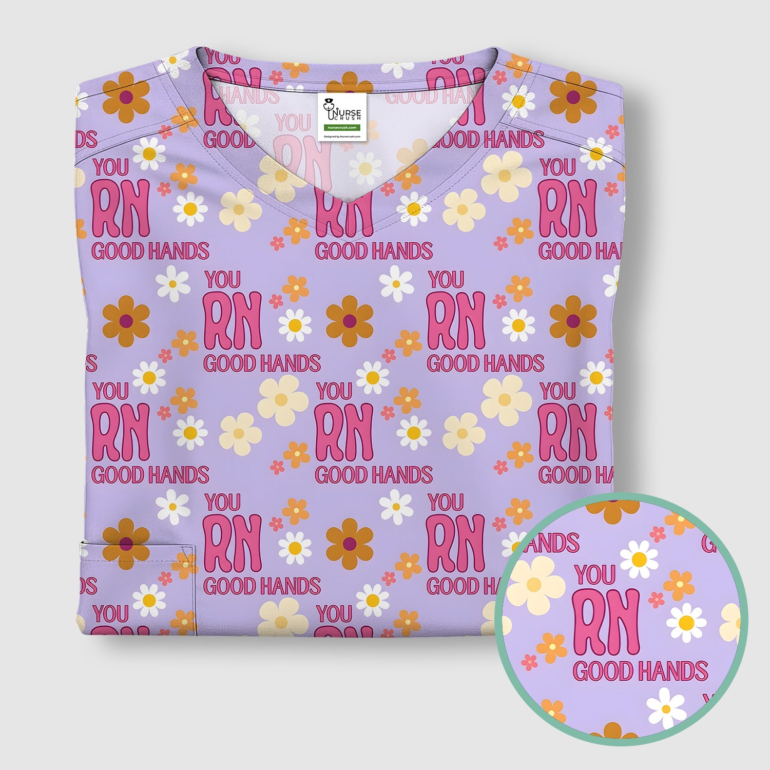 You RN Good Hands Floral Daisy Pattern Scrub Top, Comfortable Scrubs for Nurses