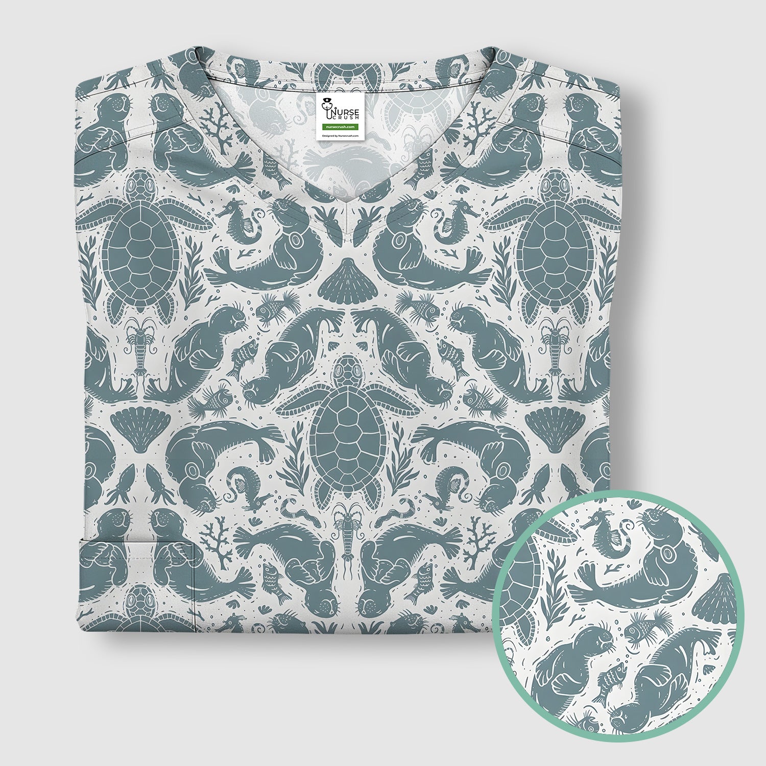 Ocean Sea Marine Life Pattern Scrub Top, Breathable Medical Scrubs
